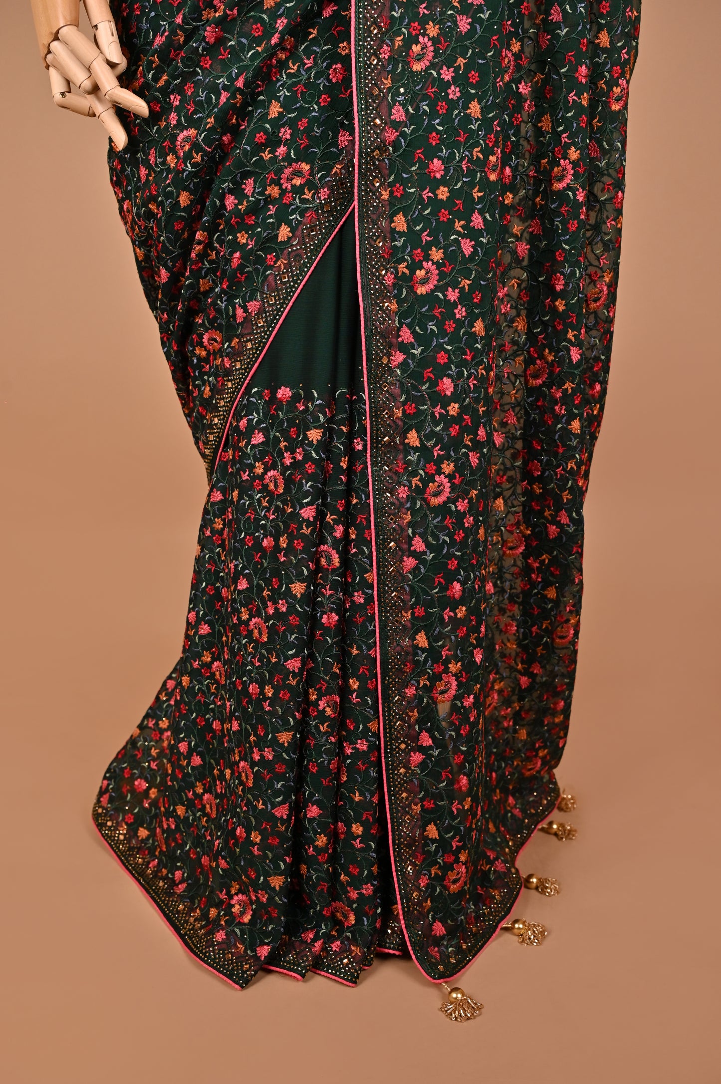 Emerald Enchantment Georgette Saree with Kashmiri Embroidery