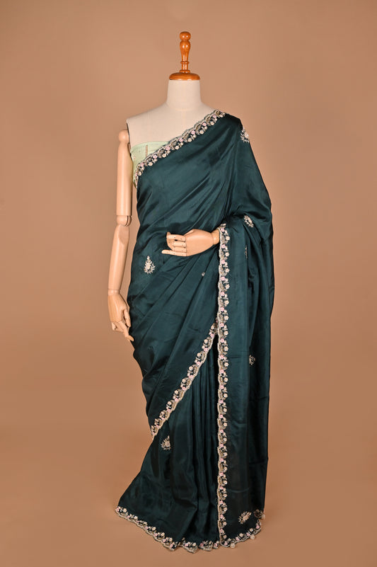 Teal Blue Elegance: Handcrafted Organza Saree