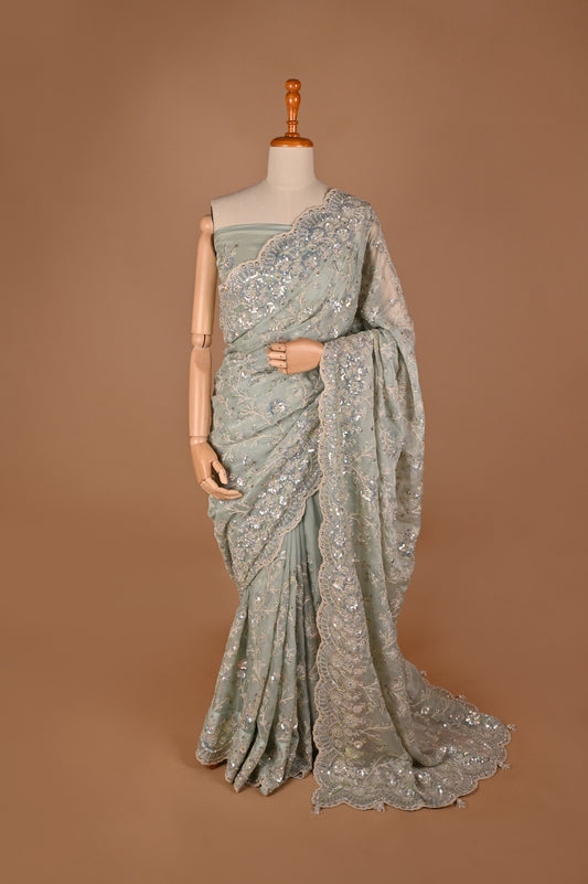 Mint Green Embellished Saree with Tassels