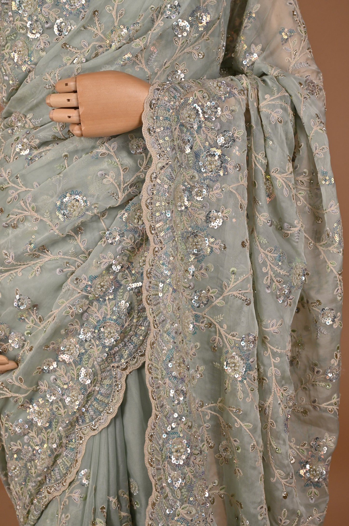 Mint Green Embellished Saree with Tassels