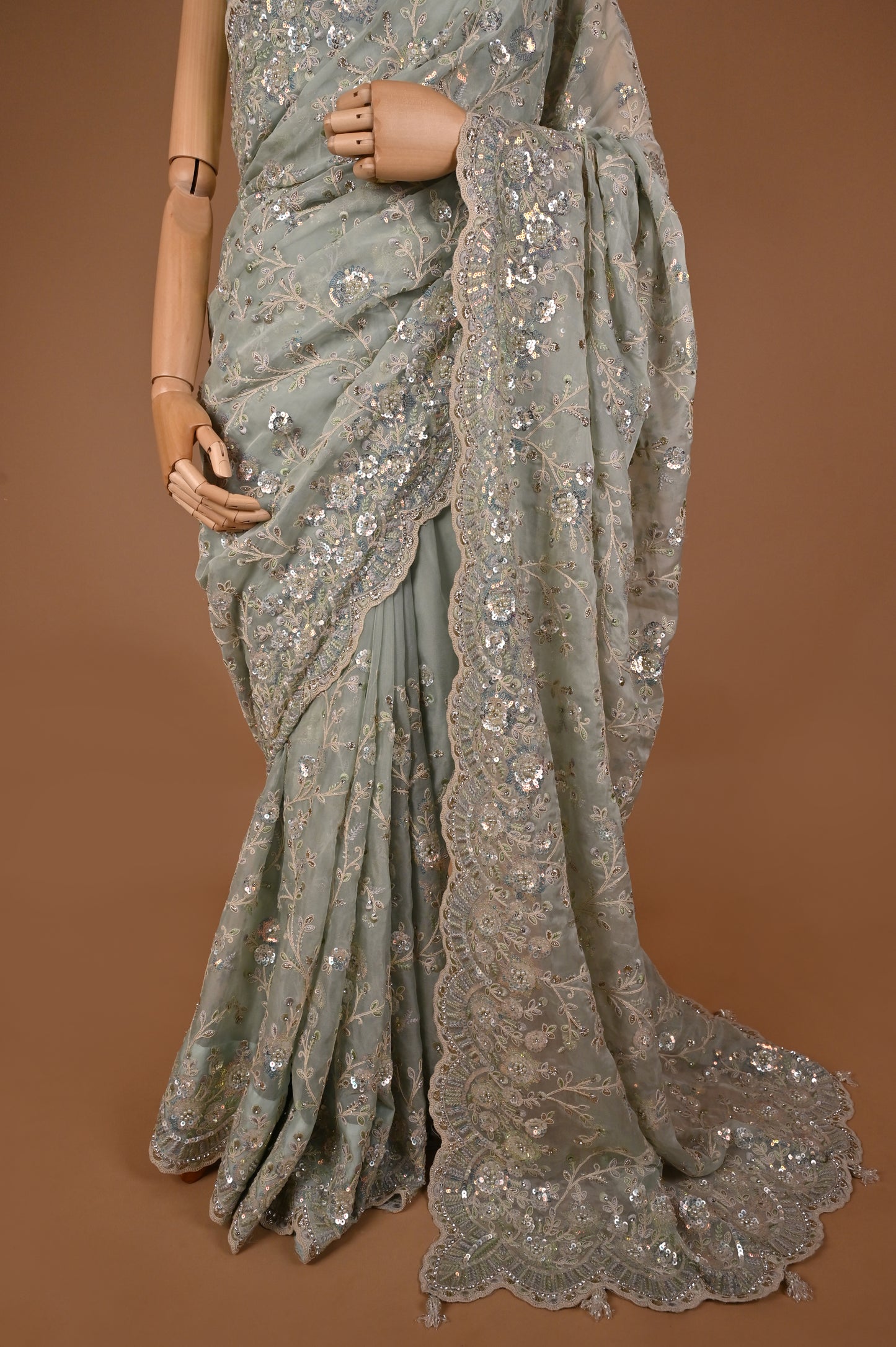 Mint Green Embellished Saree with Tassels