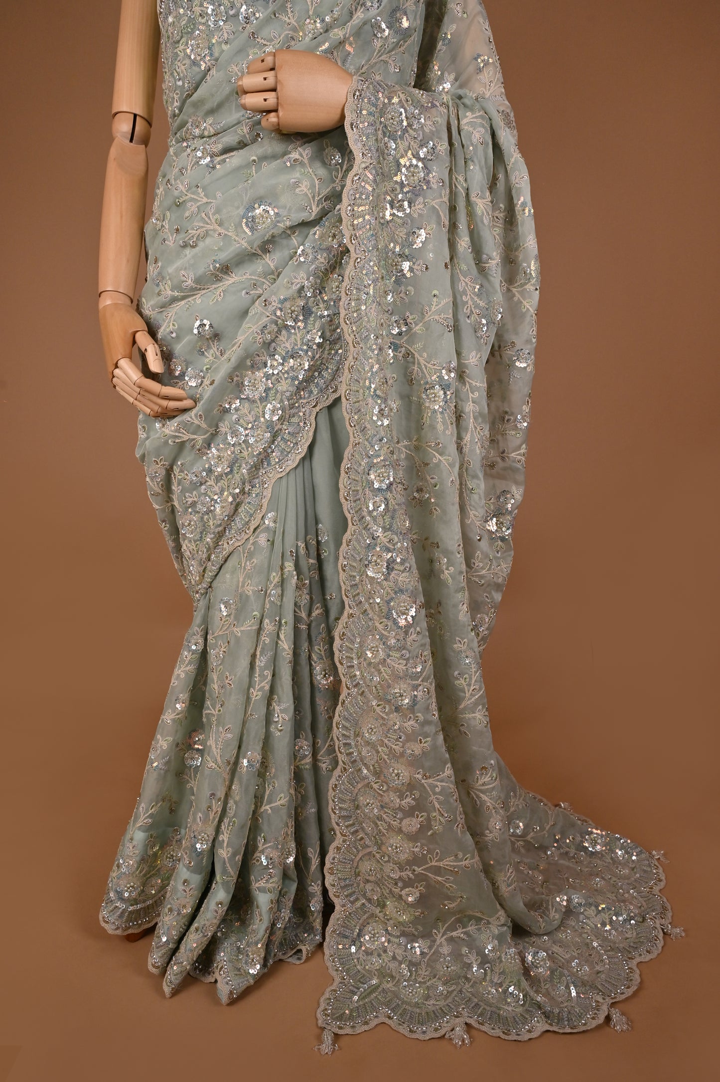 Mint Green Embellished Saree with Tassels