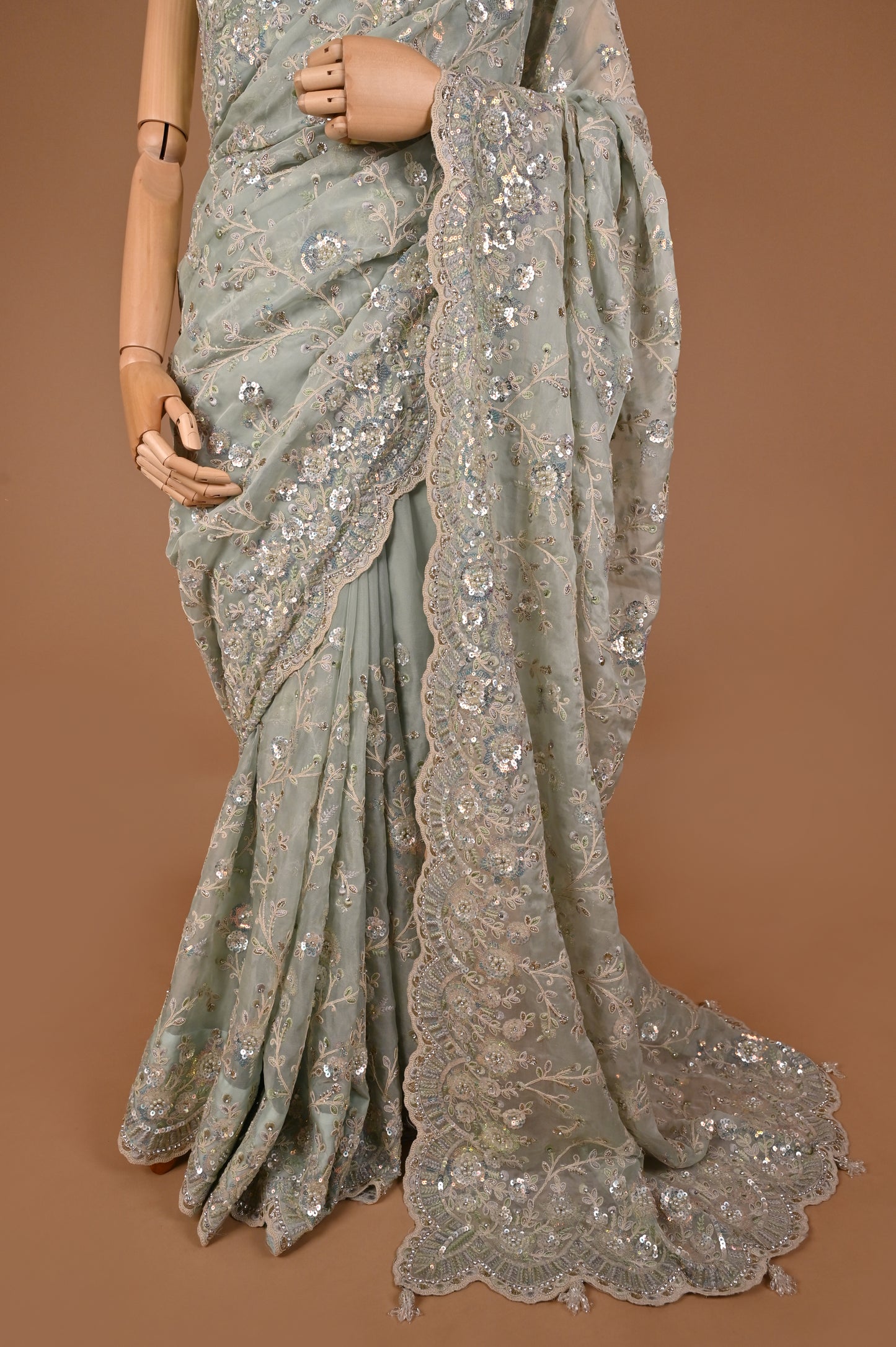 Mint Green Embellished Saree with Tassels