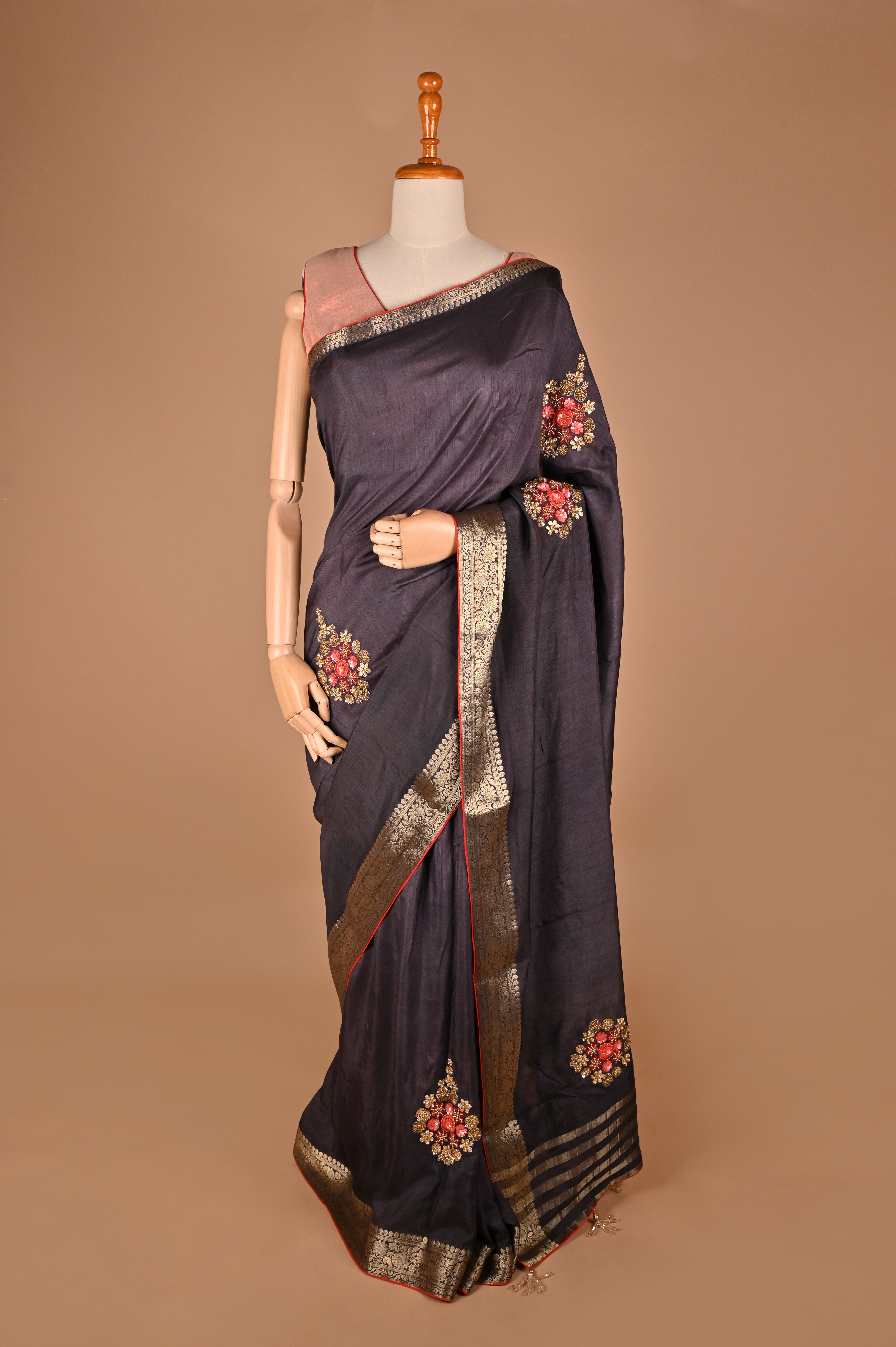 Ash Black Dola Silk Saree with Red Accents