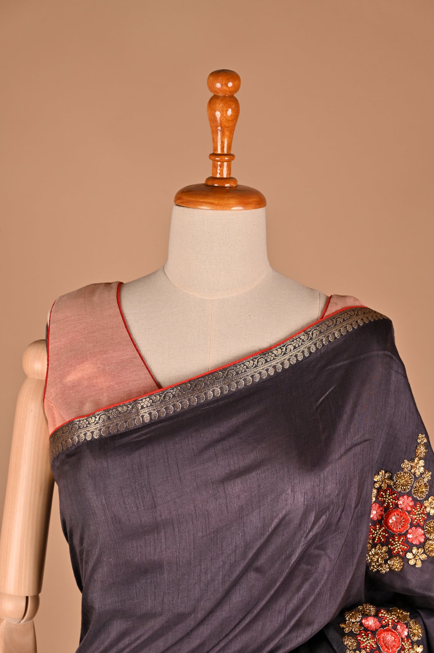 Ash Black Dola Silk Saree with Red Accents