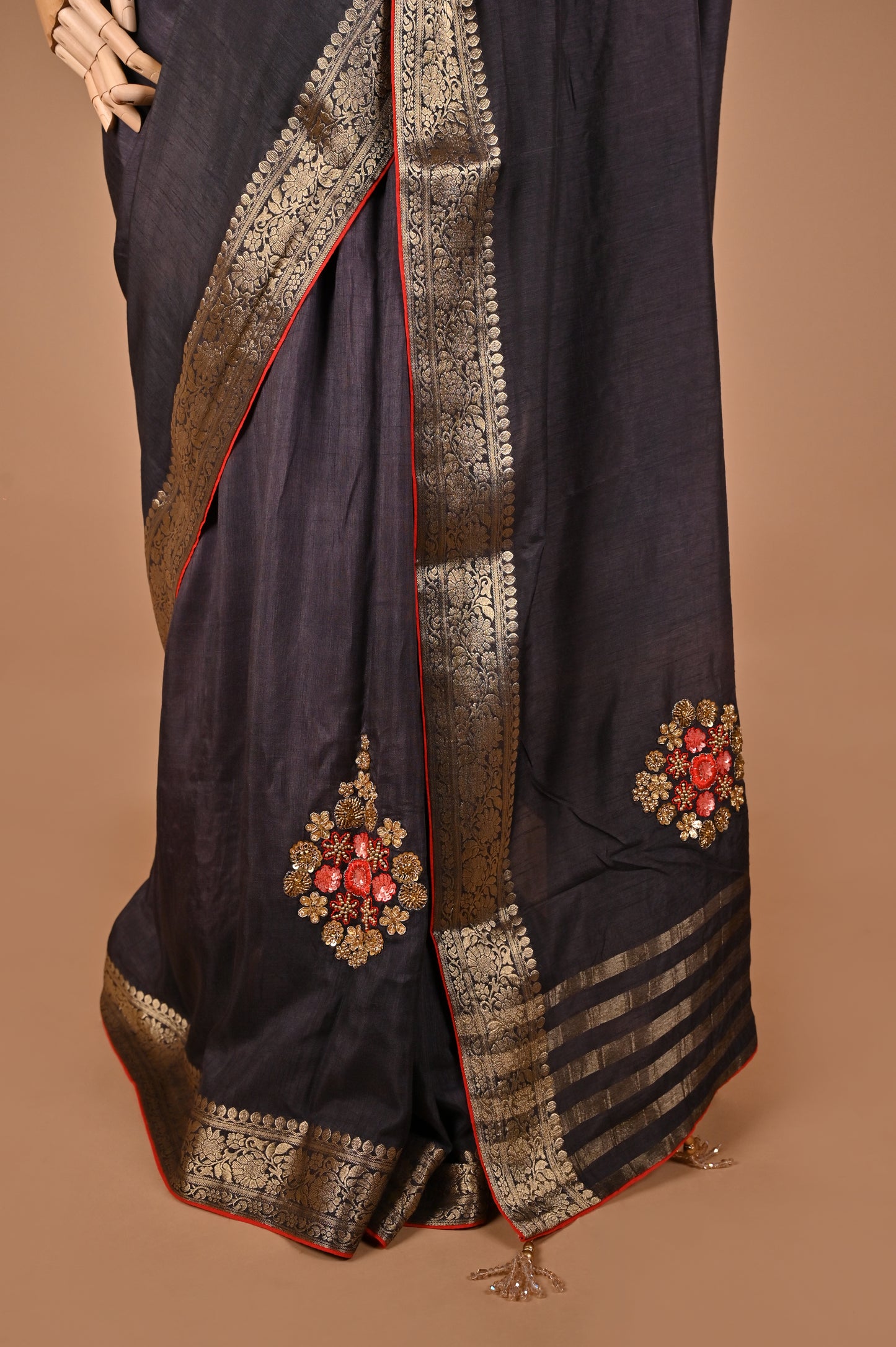 Ash Black Dola Silk Saree with Red Accents