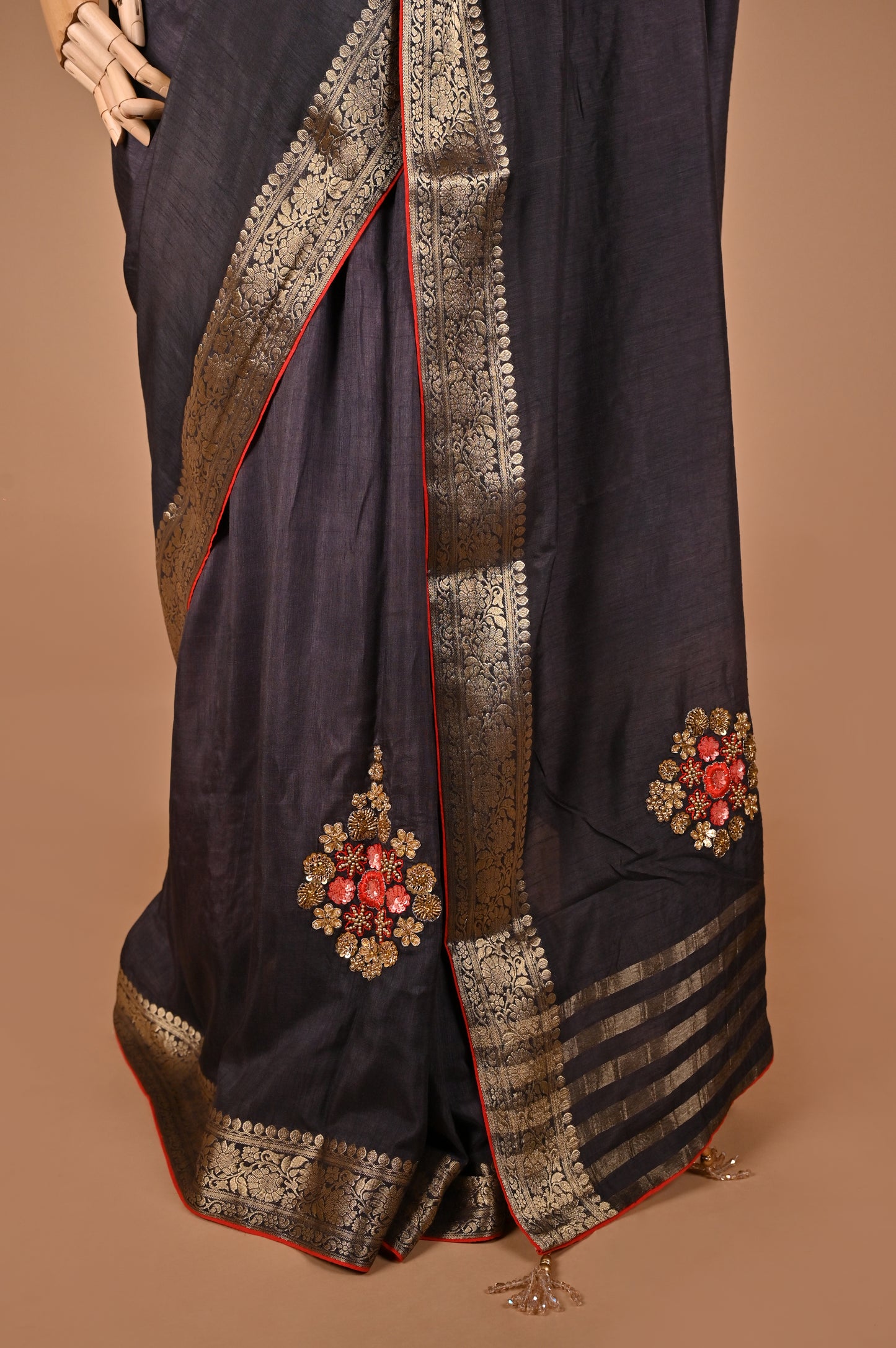 Ash Black Dola Silk Saree with Red Accents