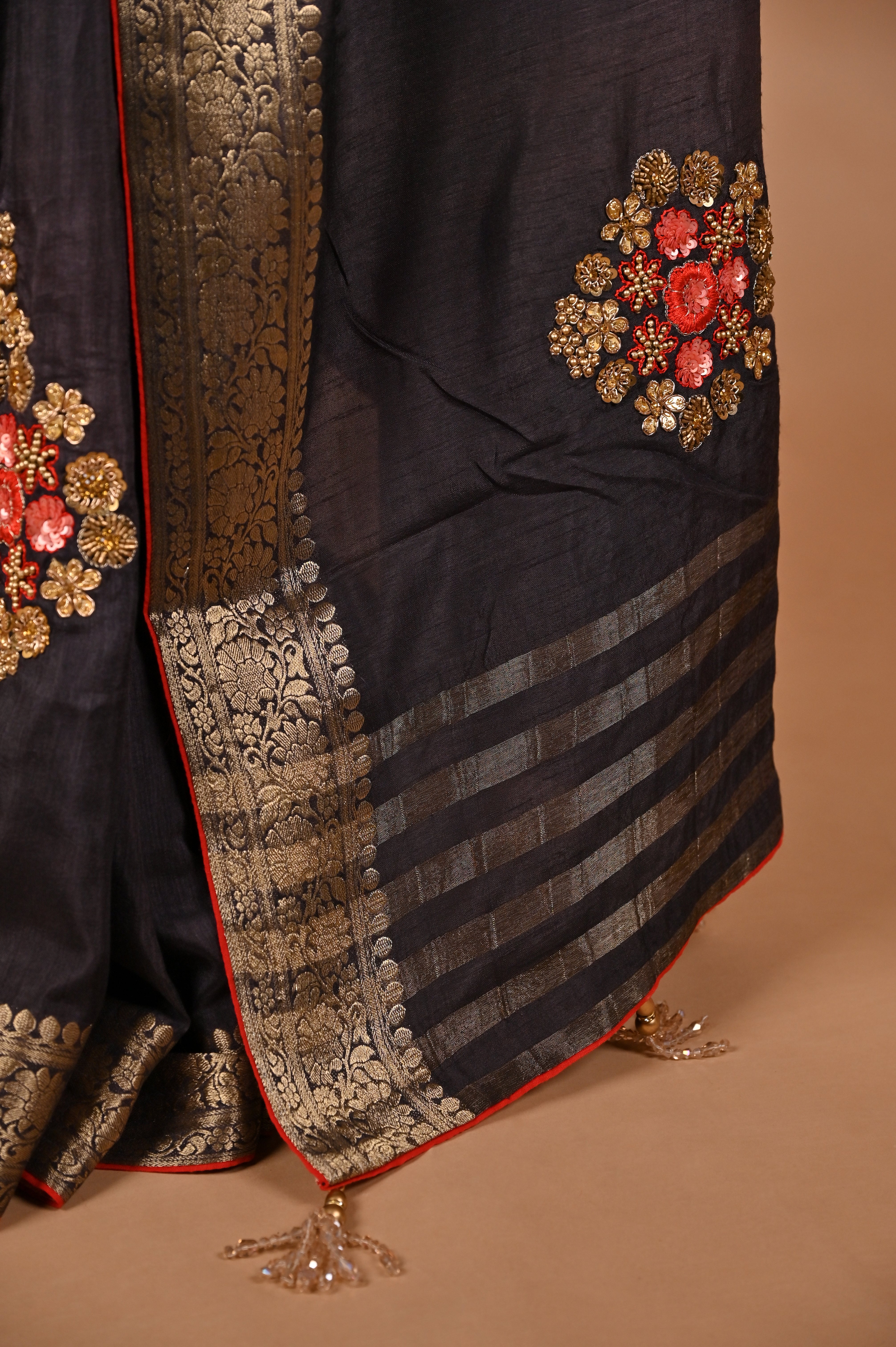 Ash Black Dola Silk Saree with Red Accents