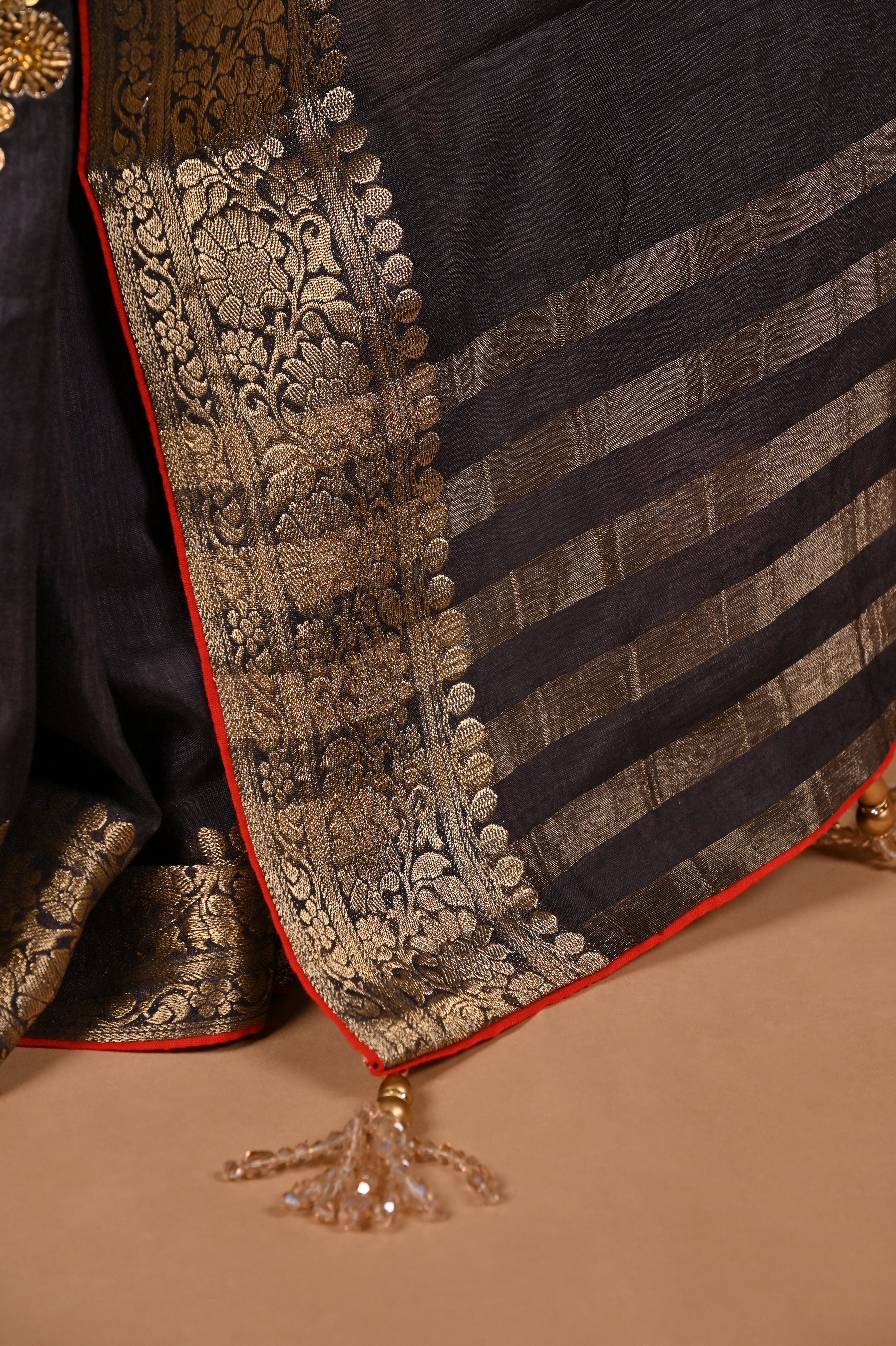 Ash Black Dola Silk Saree with Red Accents