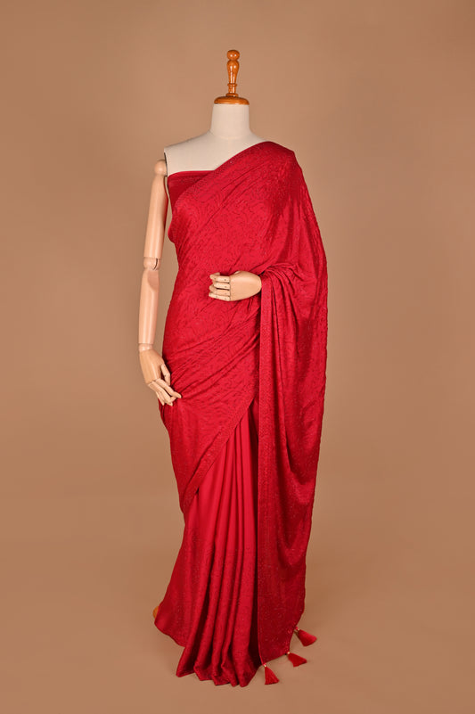 Radiant Red Pink Satin Saree with Stonework