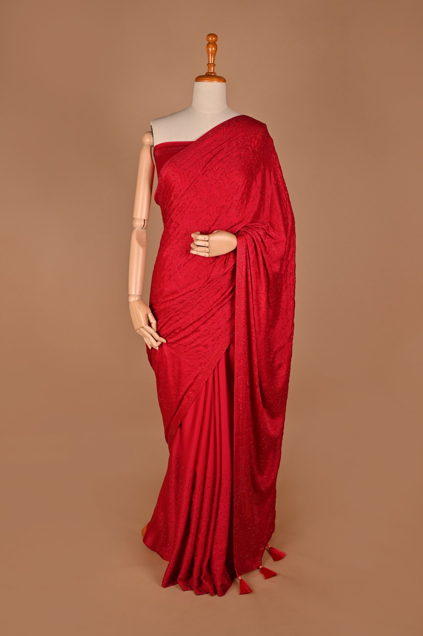 Radiant Red Pink Satin Saree with Stonework