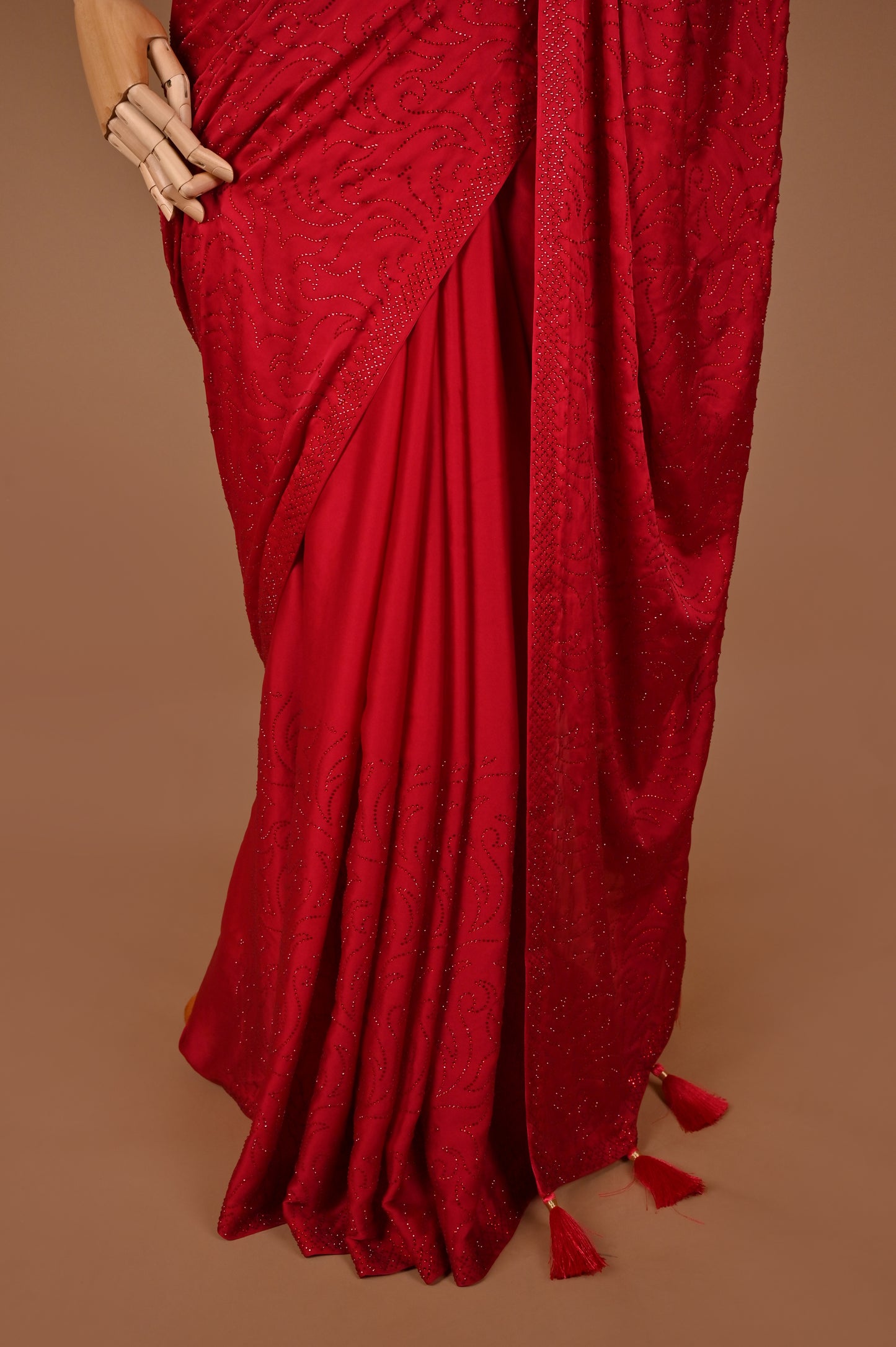 Radiant Red Pink Satin Saree with Stonework