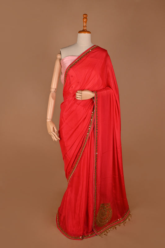 Majestic Red Crepe Silk Saree with Zardozi Embroidery