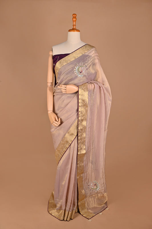 Nude Pink Organza Saree with Zardozi Handwork