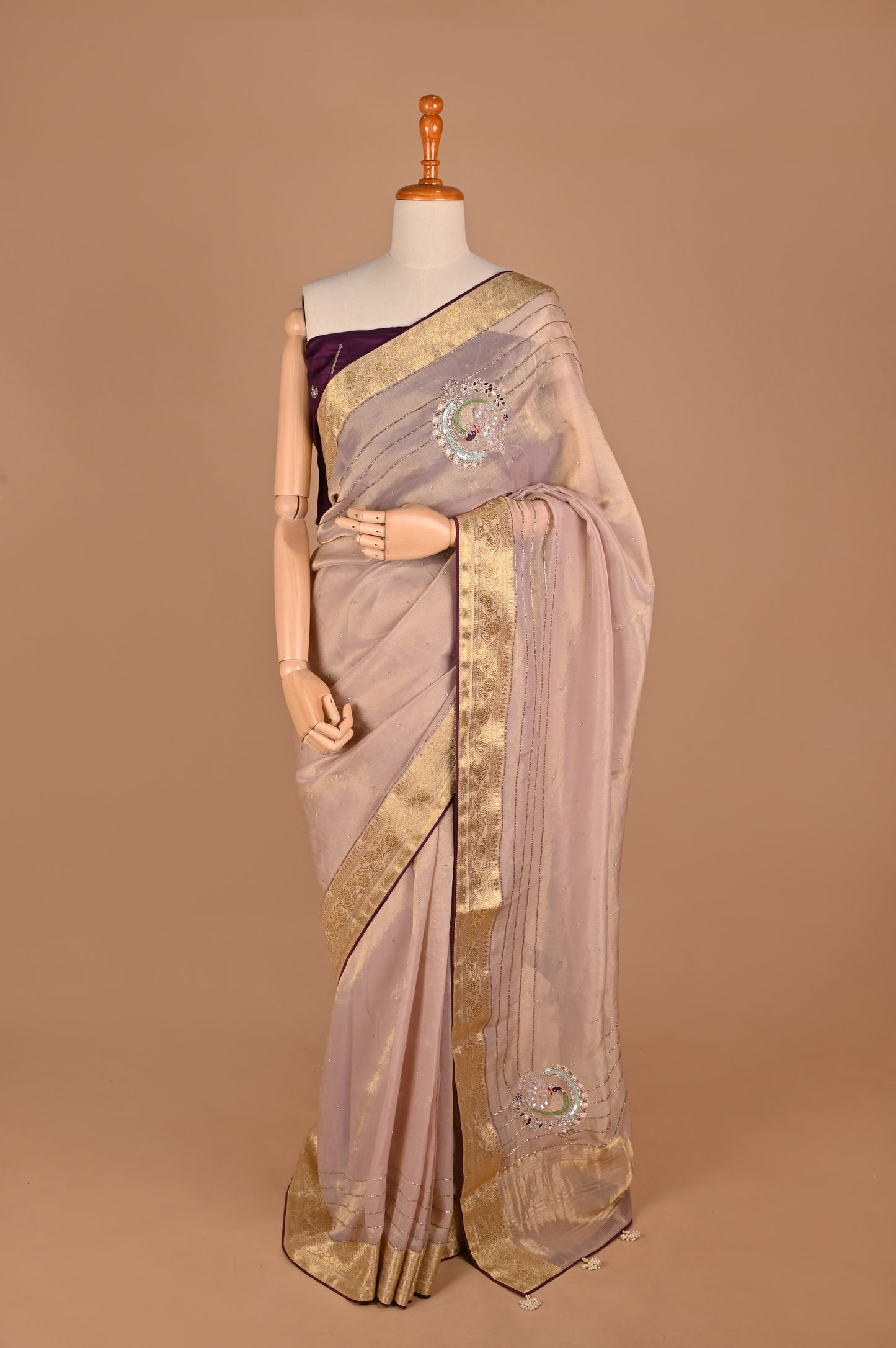 Nude Pink Organza Saree with Zardozi Handwork