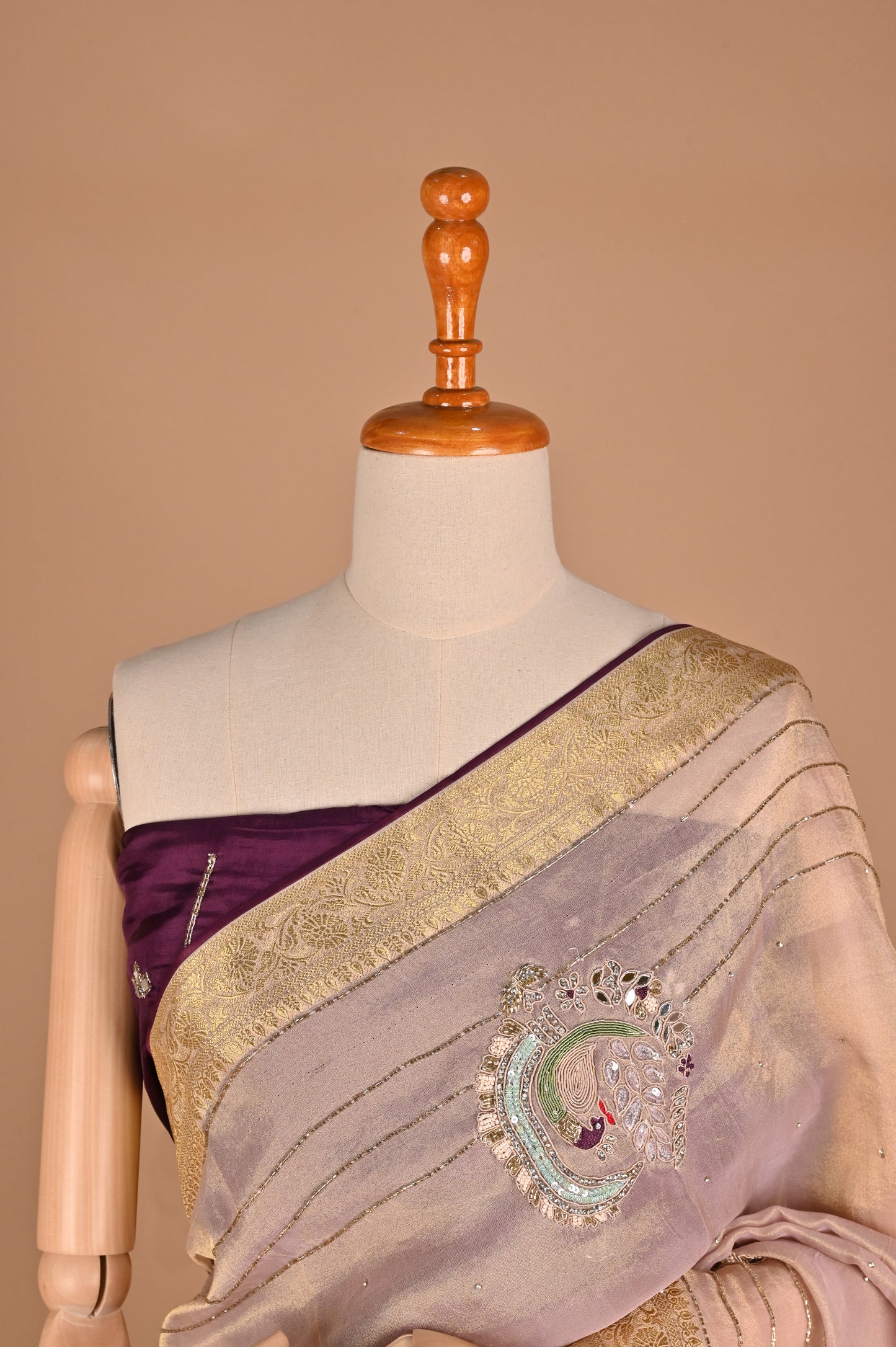 Nude Pink Organza Saree with Zardozi Handwork