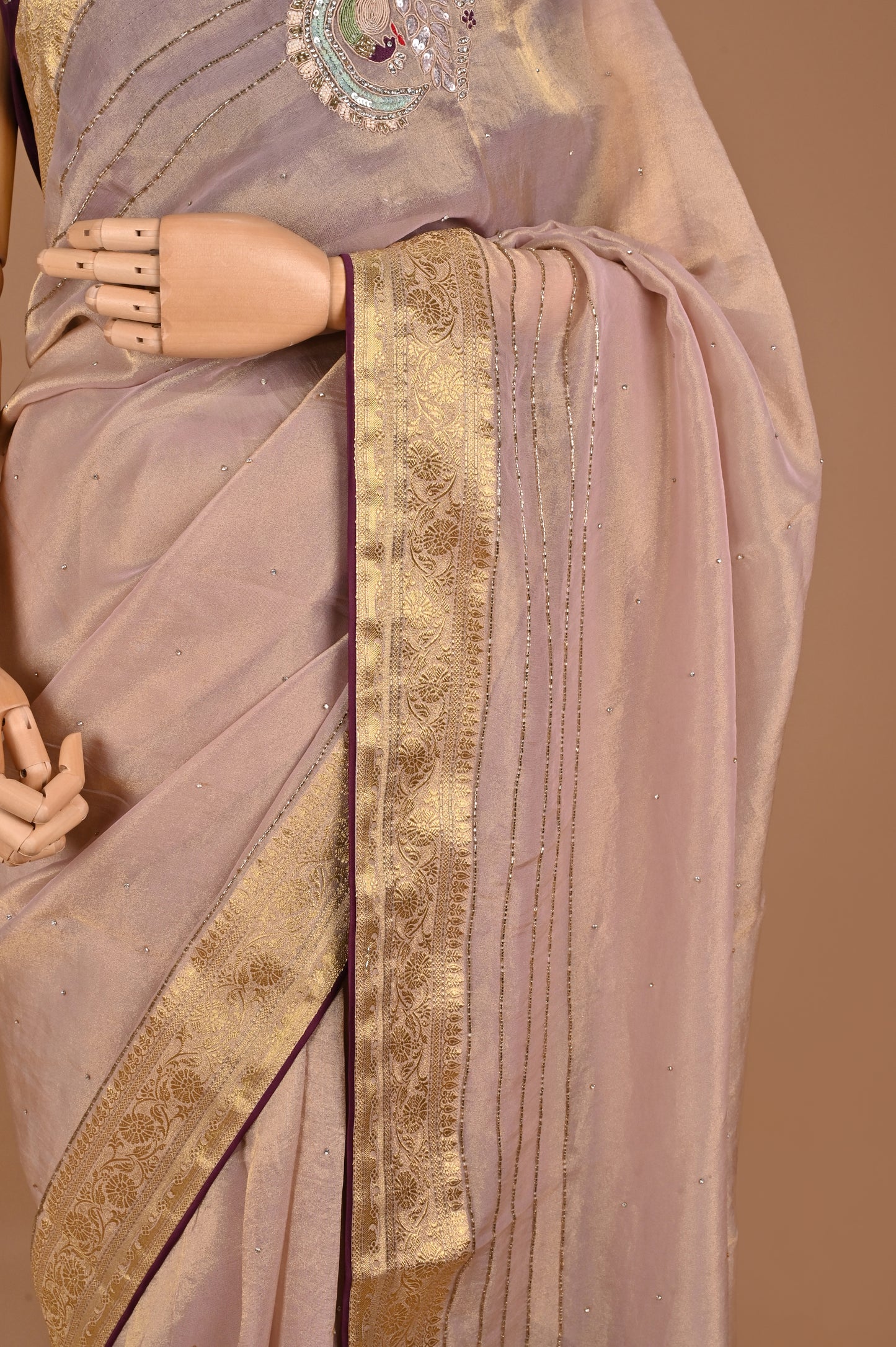 Nude Pink Organza Saree with Zardozi Handwork