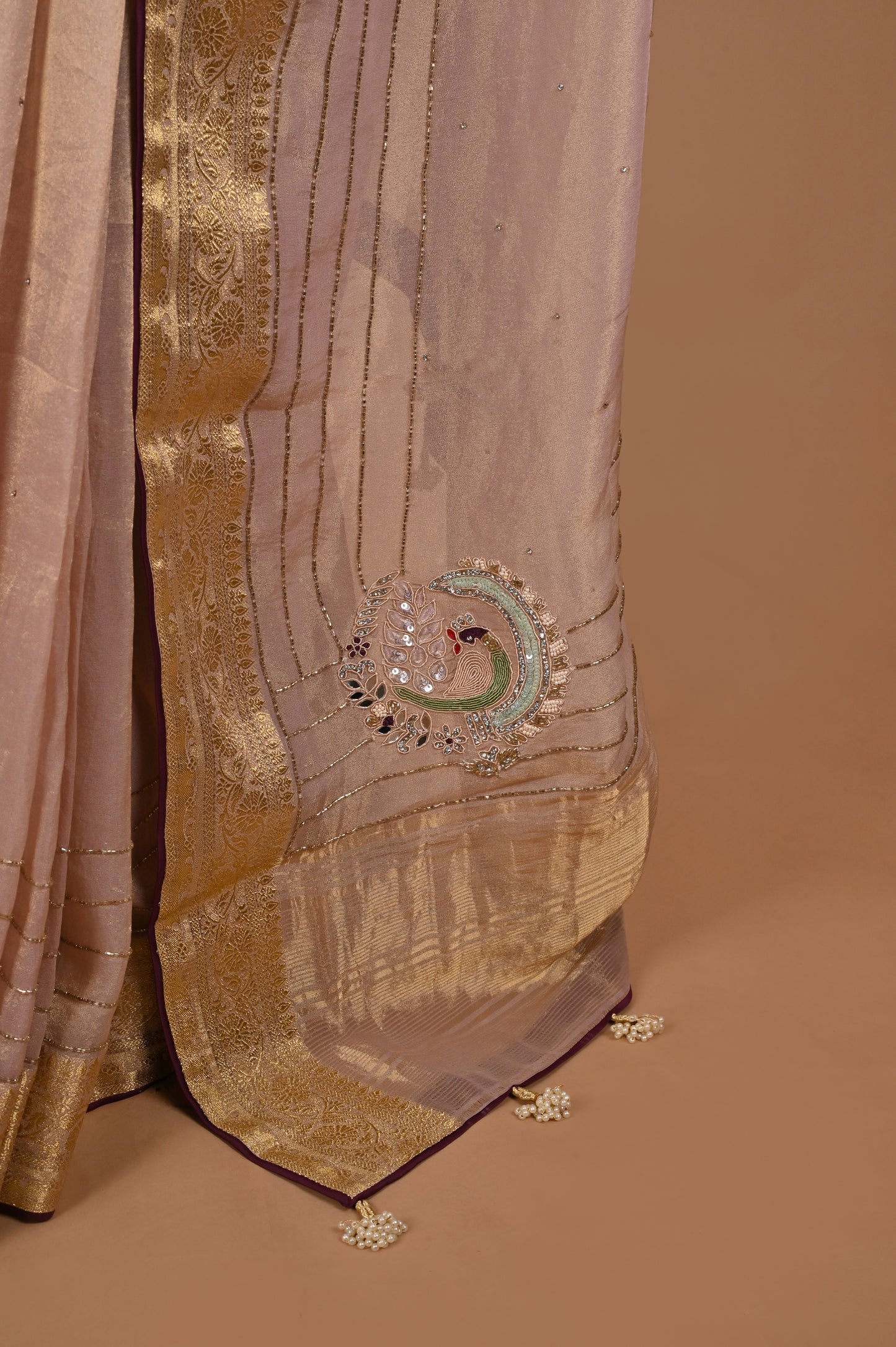 Nude Pink Organza Saree with Zardozi Handwork