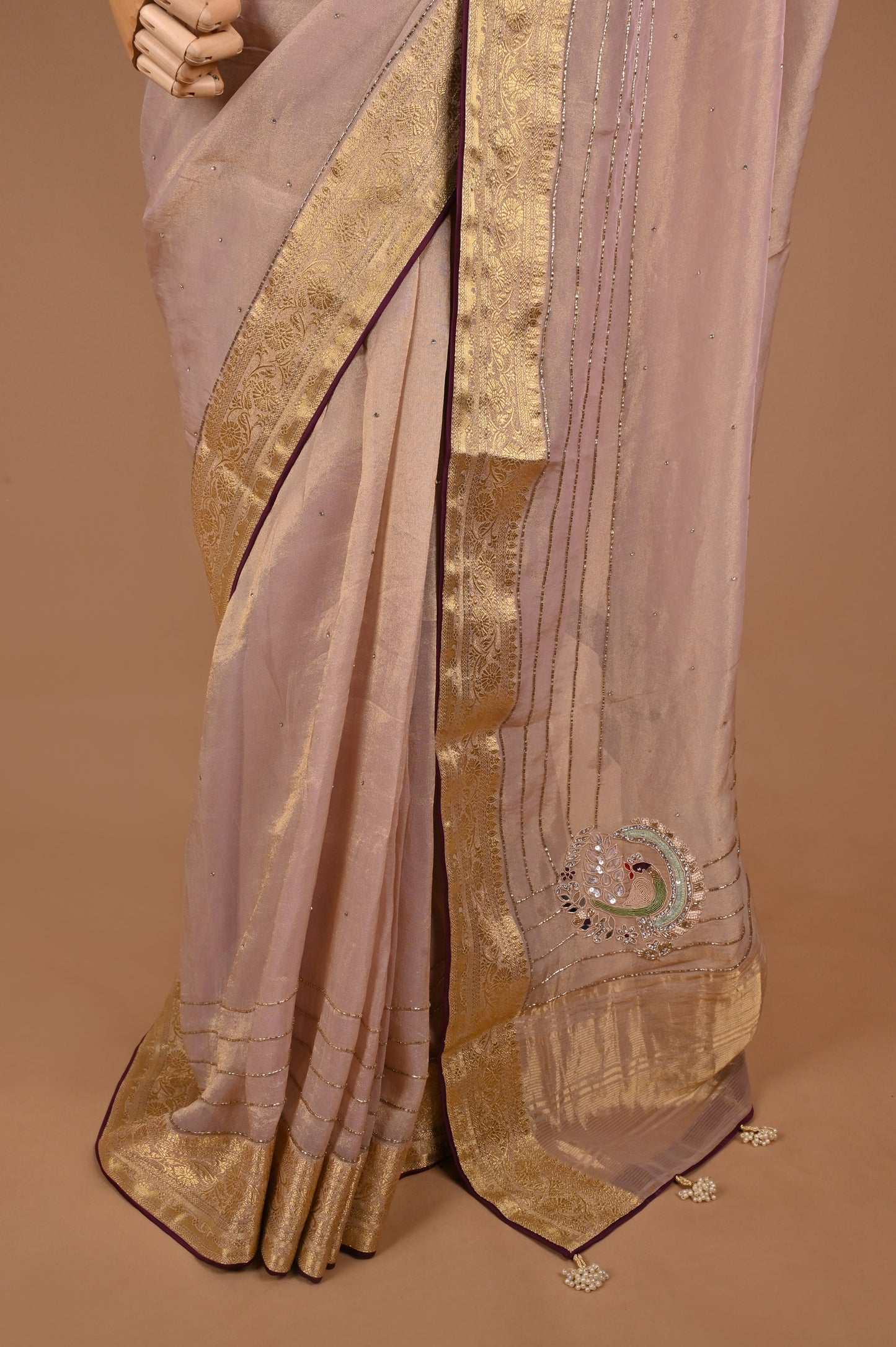 Nude Pink Organza Saree with Zardozi Handwork