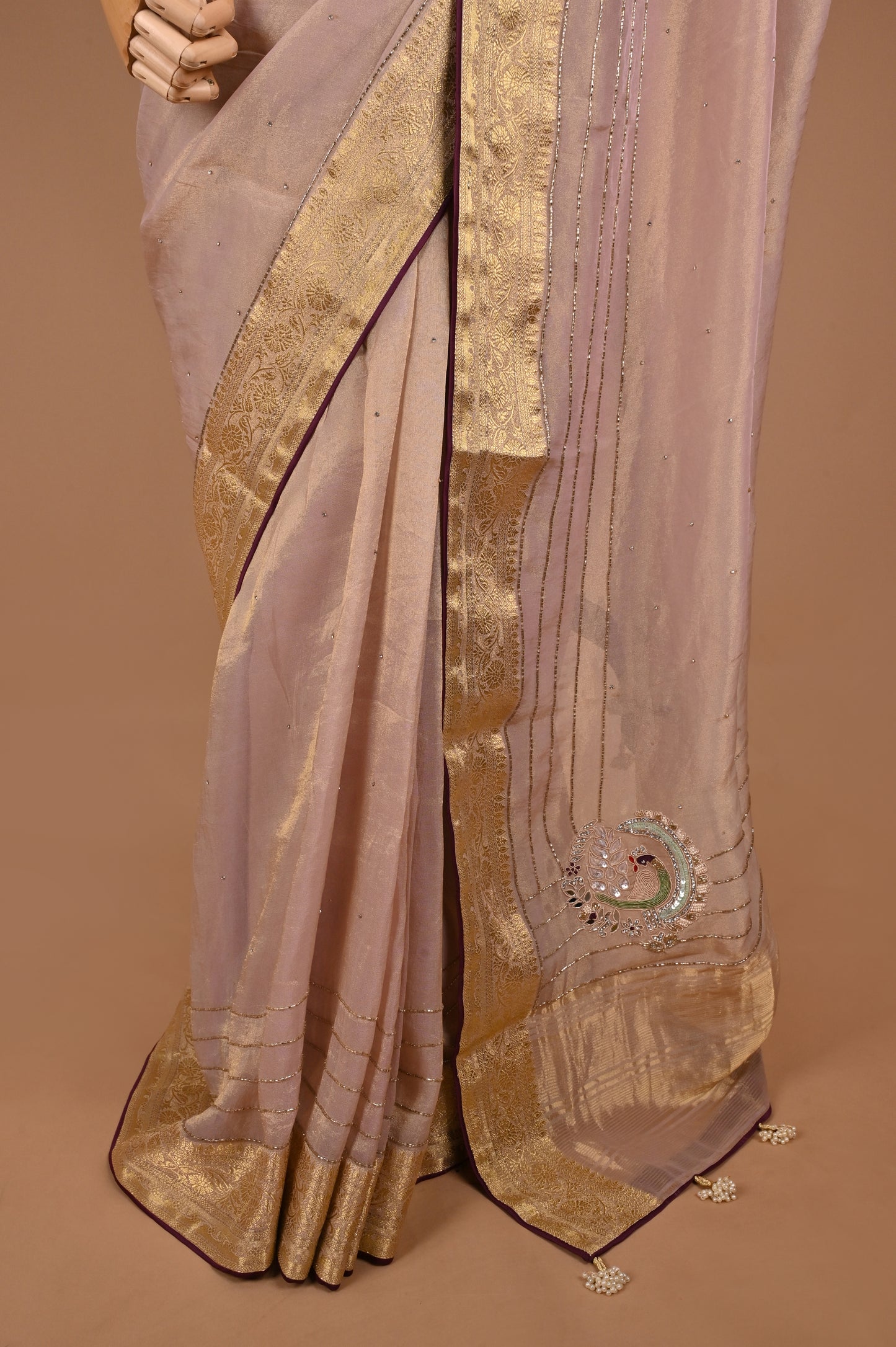 Nude Pink Organza Saree with Zardozi Handwork