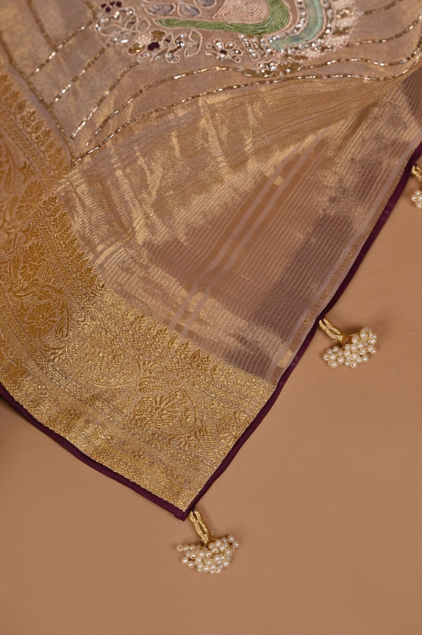 Nude Pink Organza Saree with Zardozi Handwork