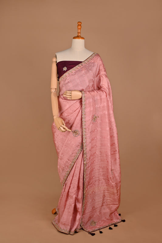 Peach Elegance Silk Blend Saree with Hand Embroidery and Stone Work