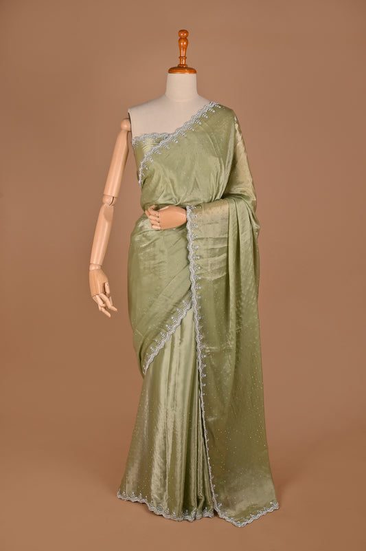 Sea Green Satin Saree with Swarovski Embellishments