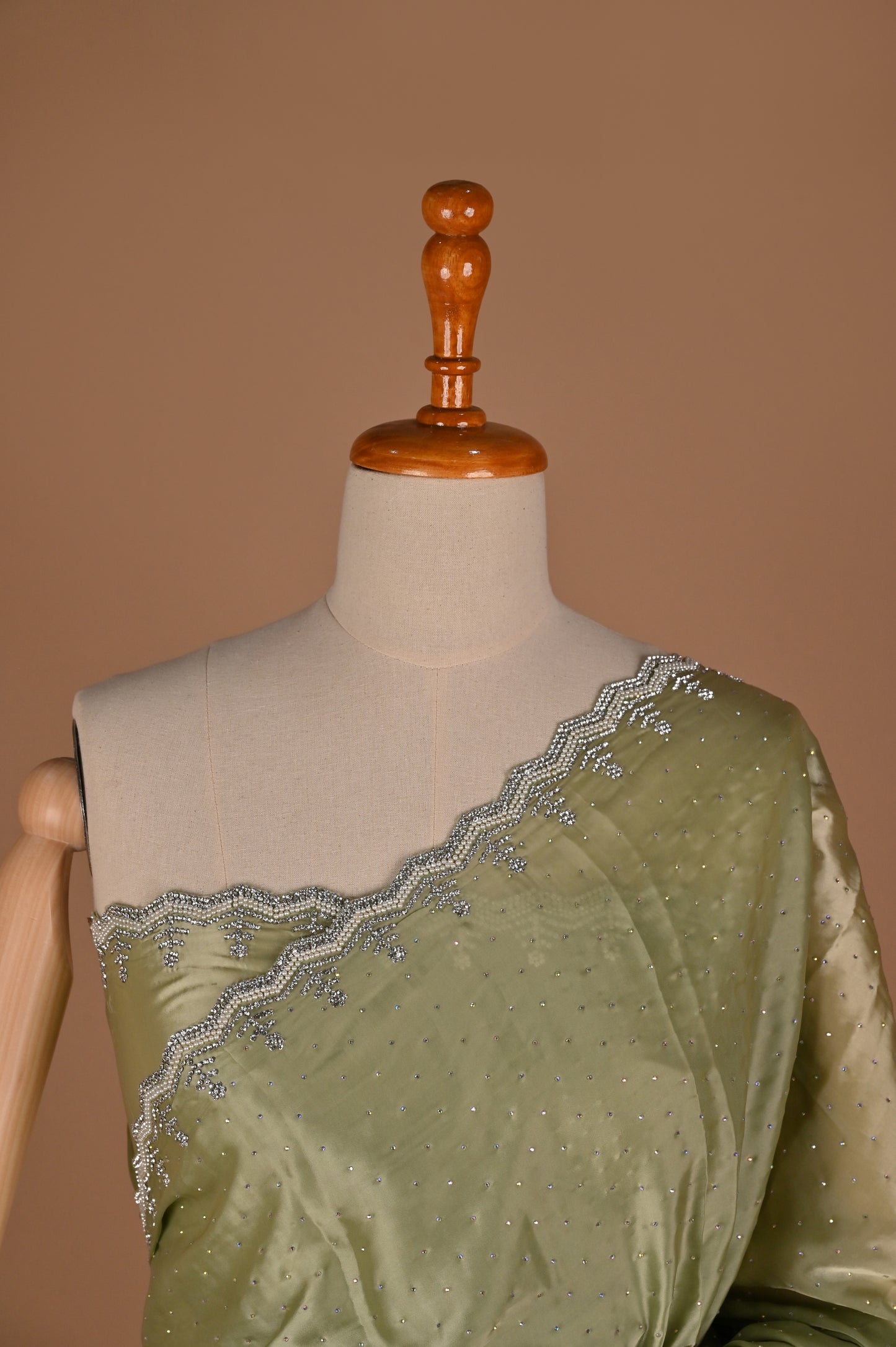 Sea Green Satin Saree with Swarovski Embellishments