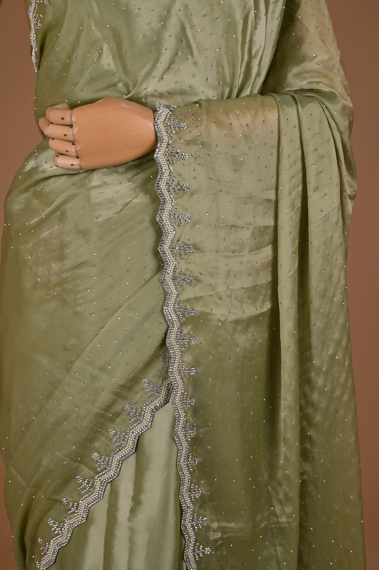Sea Green Satin Saree with Swarovski Embellishments