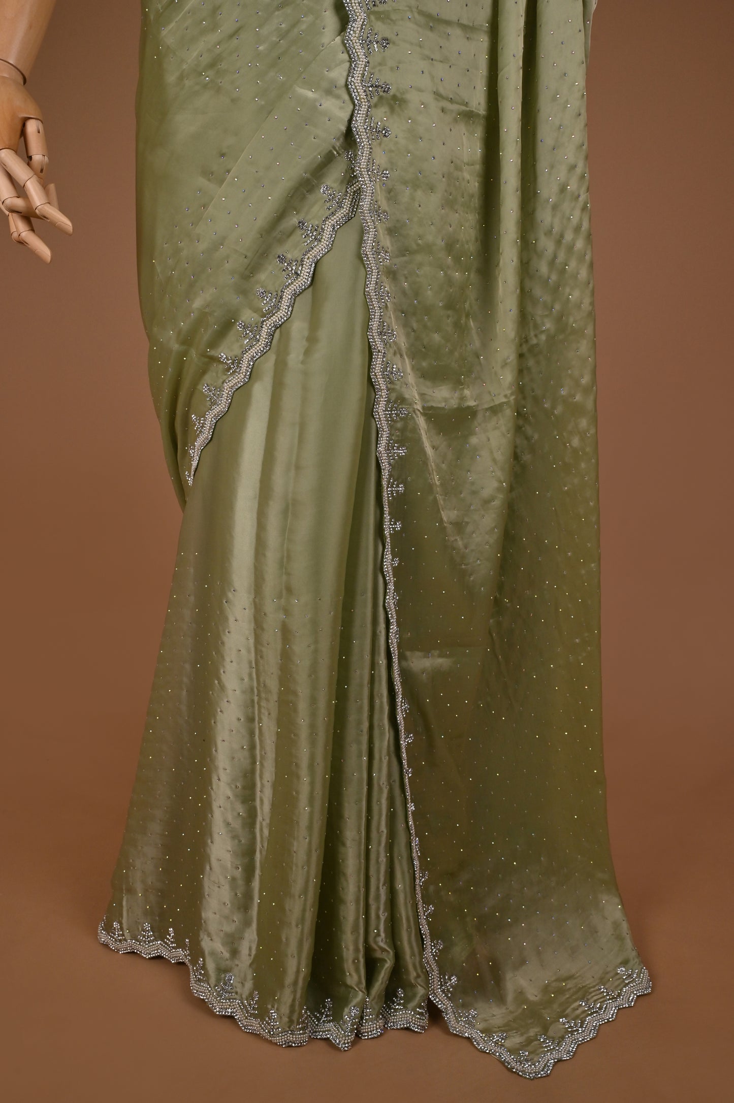 Sea Green Satin Saree with Swarovski Embellishments