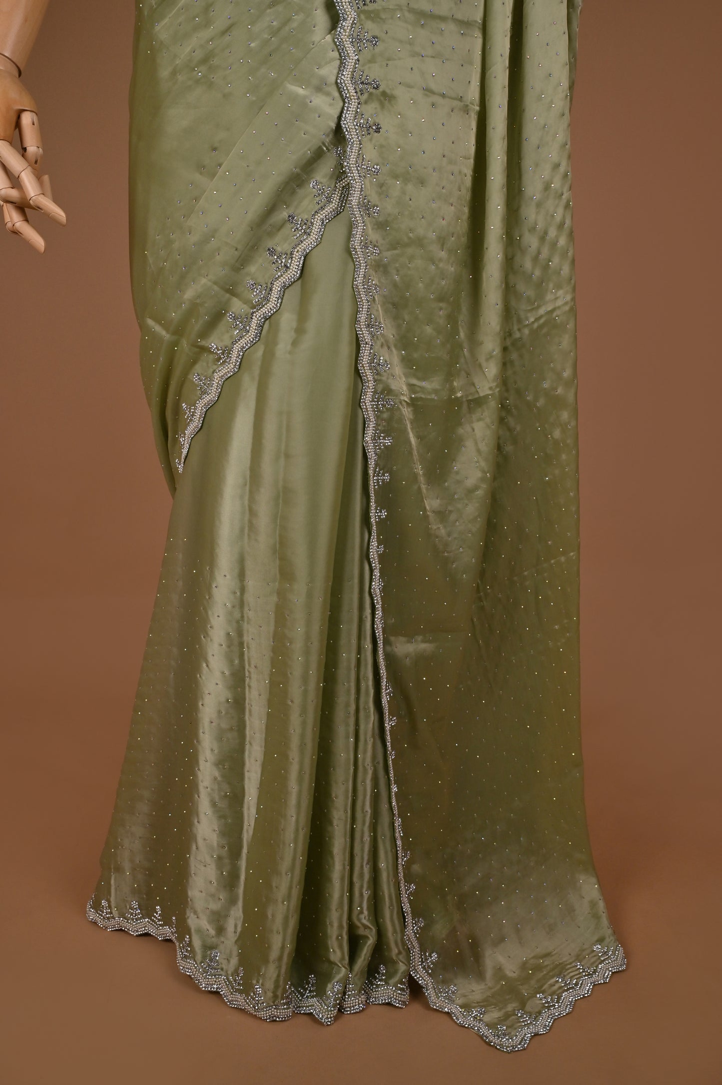 Sea Green Satin Saree with Swarovski Embellishments
