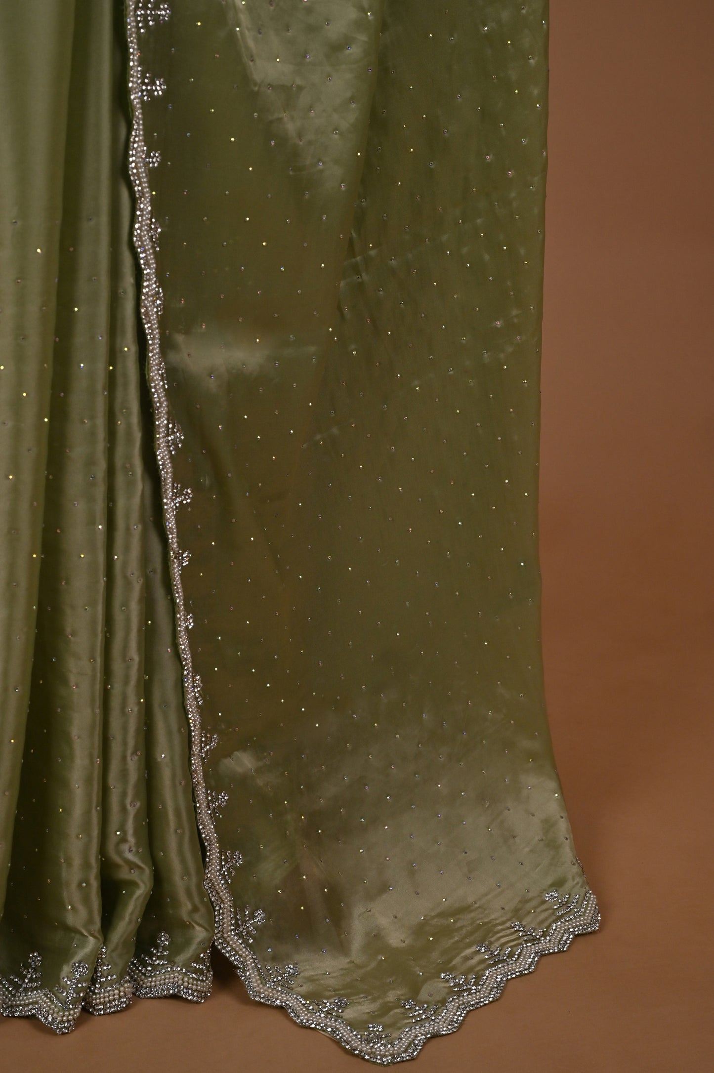 Sea Green Satin Saree with Swarovski Embellishments