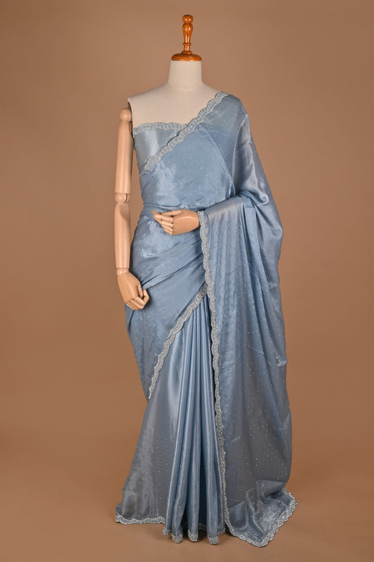 Powder Blue Satin Saree with Swarovski Detailing