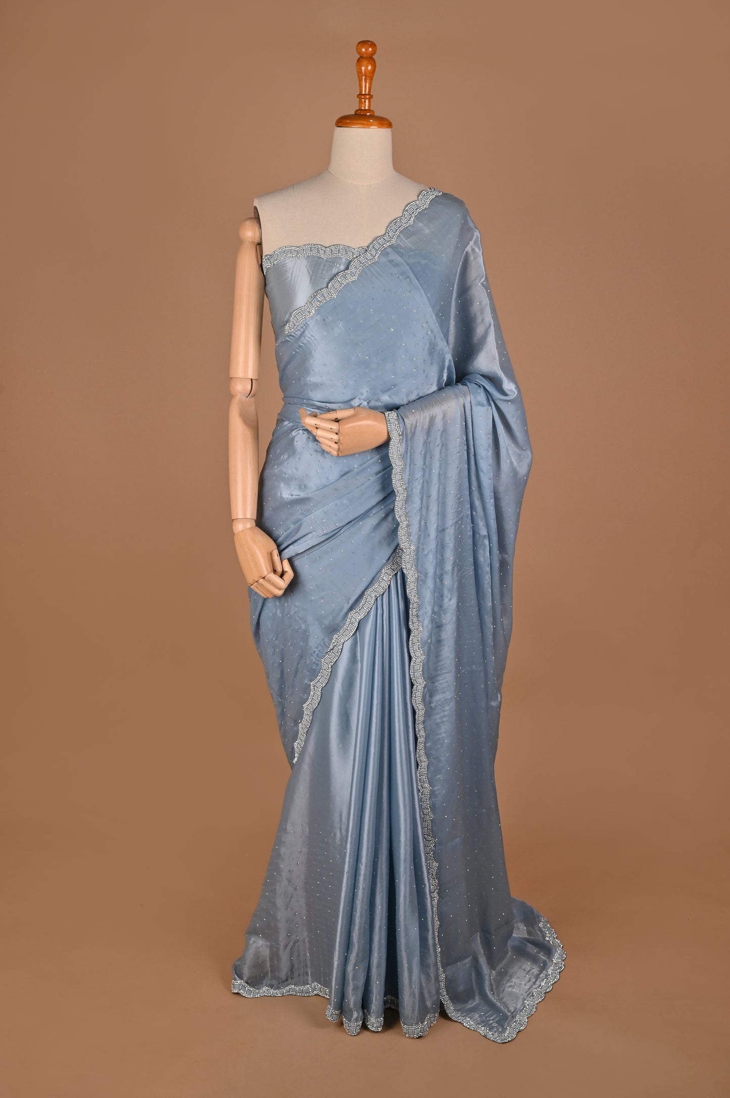 Powder Blue Satin Saree with Swarovski Detailing