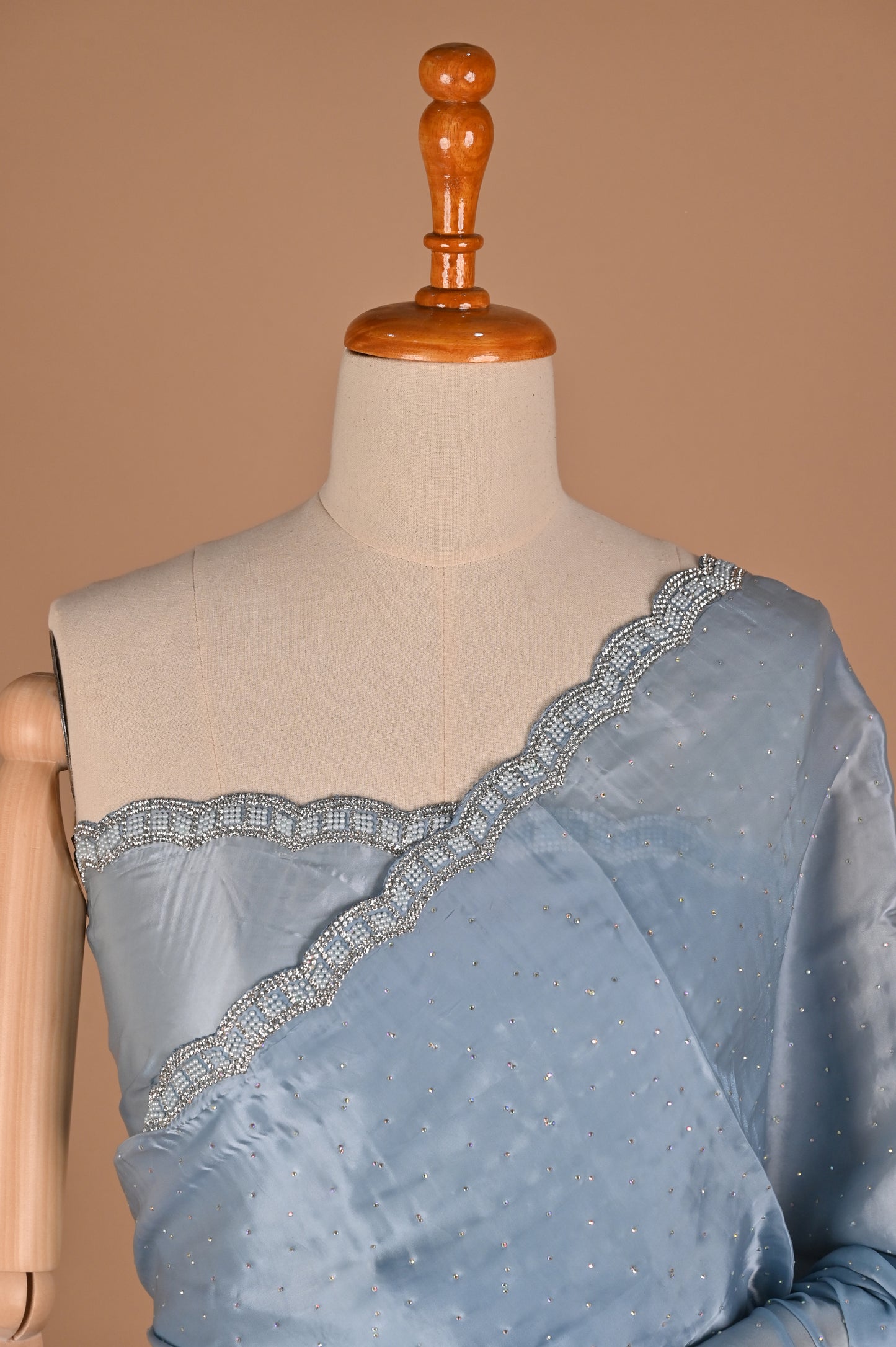 Powder Blue Satin Saree with Swarovski Detailing