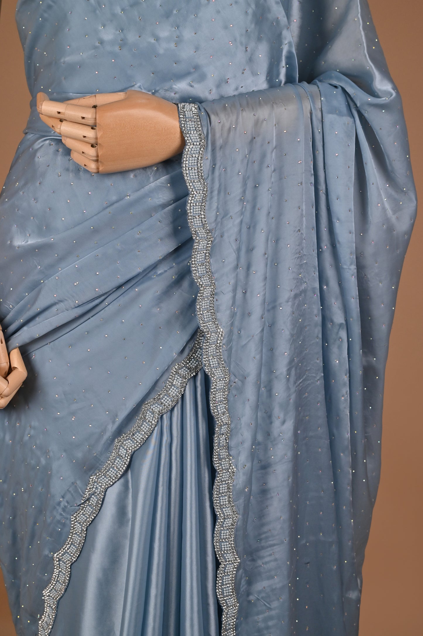 Powder Blue Satin Saree with Swarovski Detailing