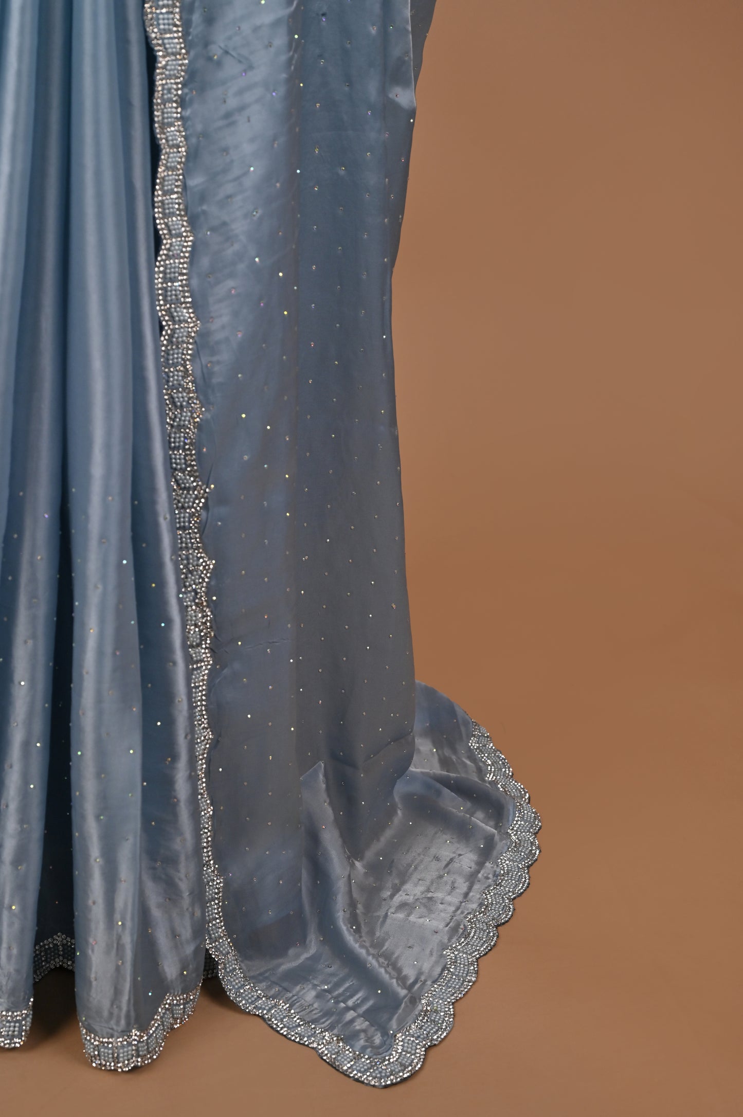 Powder Blue Satin Saree with Swarovski Detailing