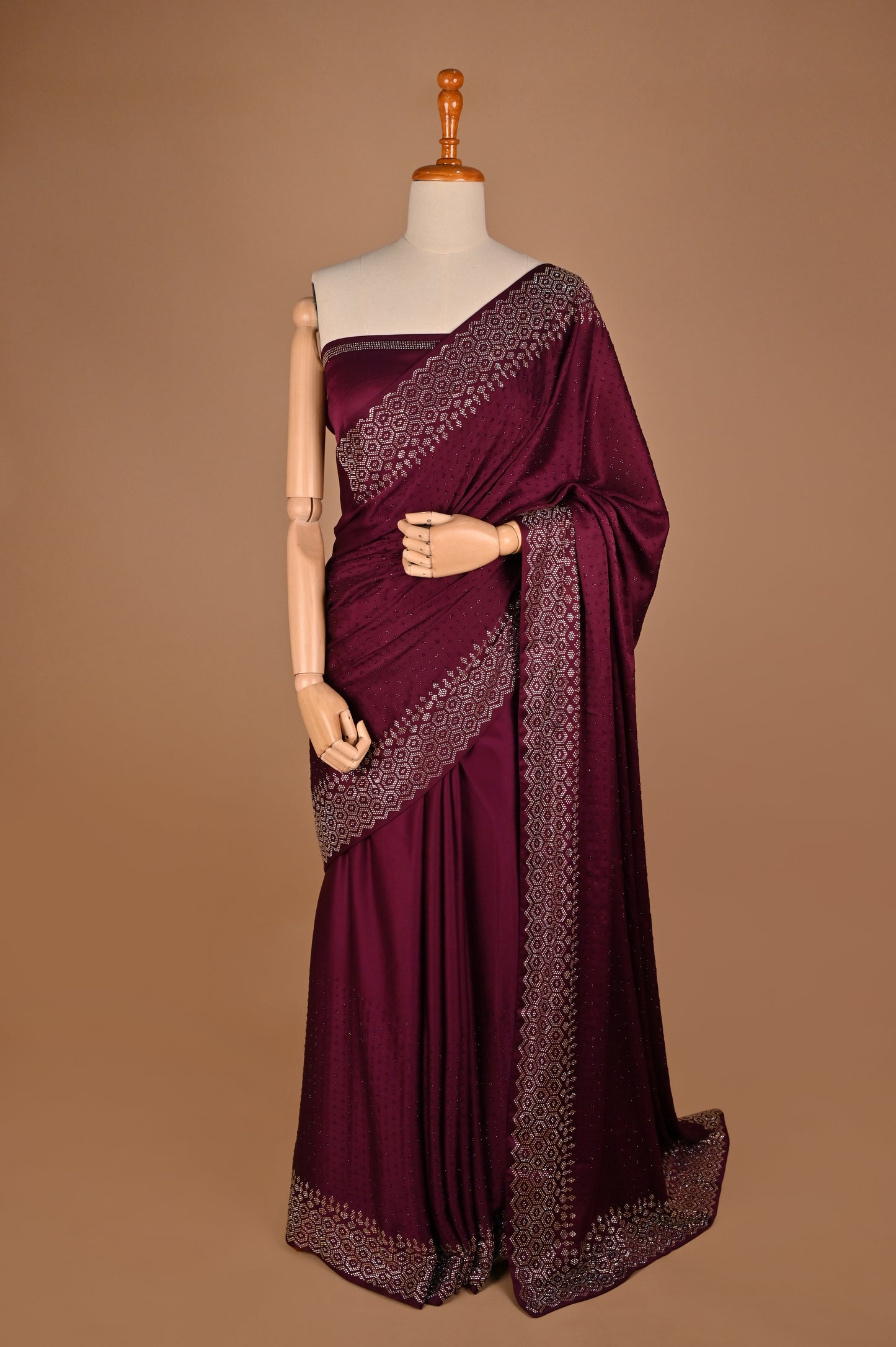 Wine Radiance Satin Saree with Swarovski Accents