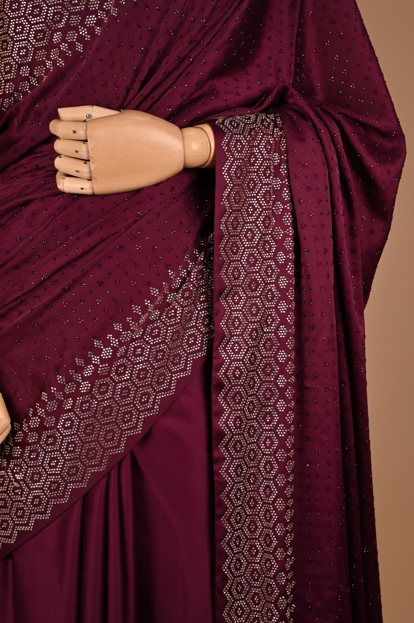 Wine Radiance Satin Saree with Swarovski Accents