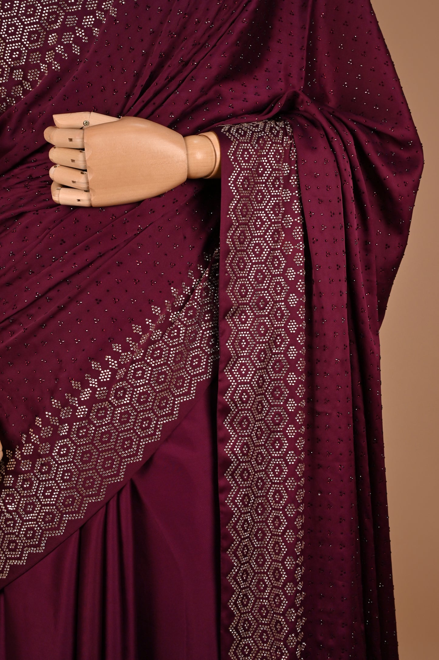 Wine Radiance Satin Saree with Swarovski Accents