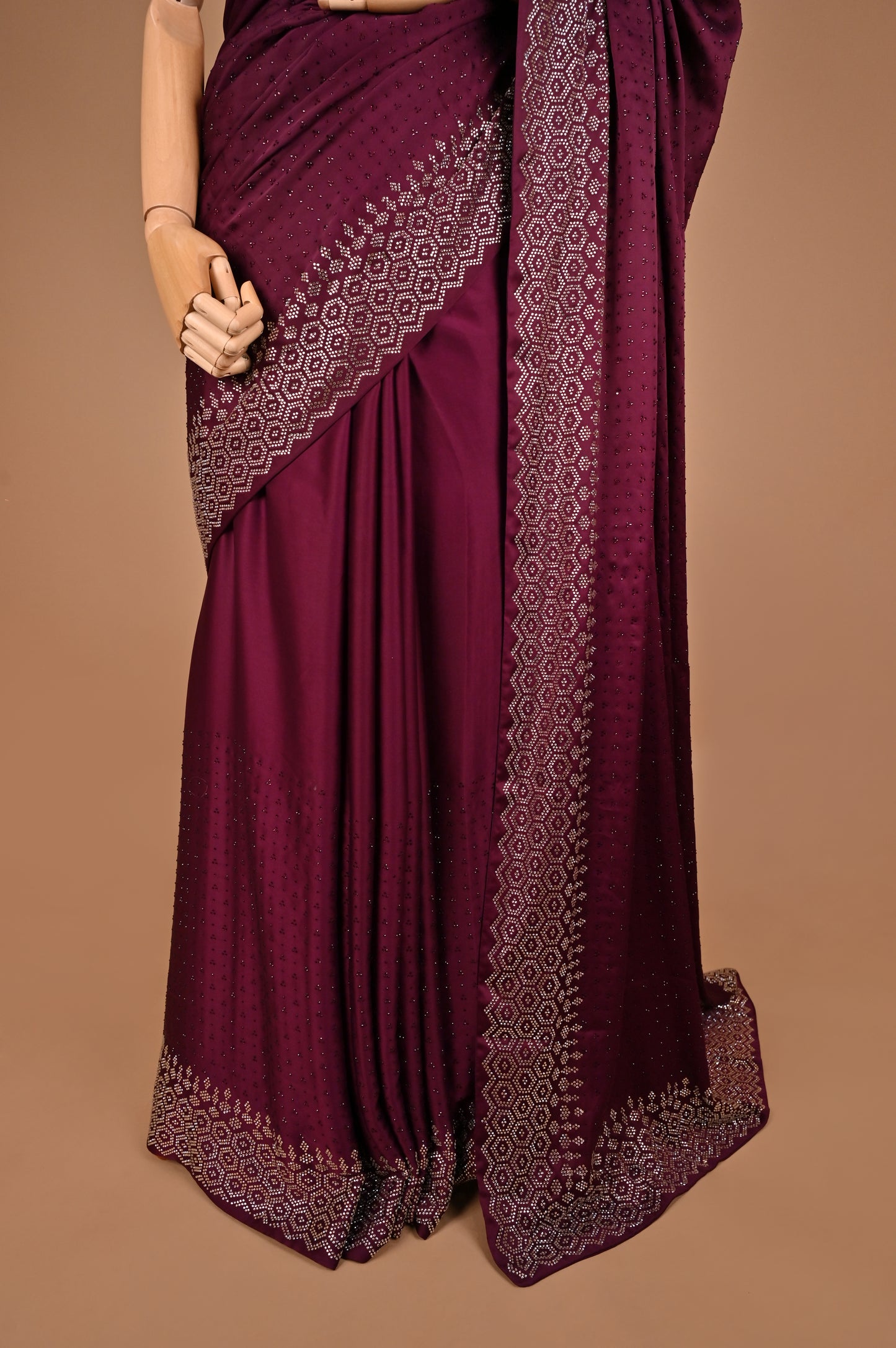 Wine Radiance Satin Saree with Swarovski Accents