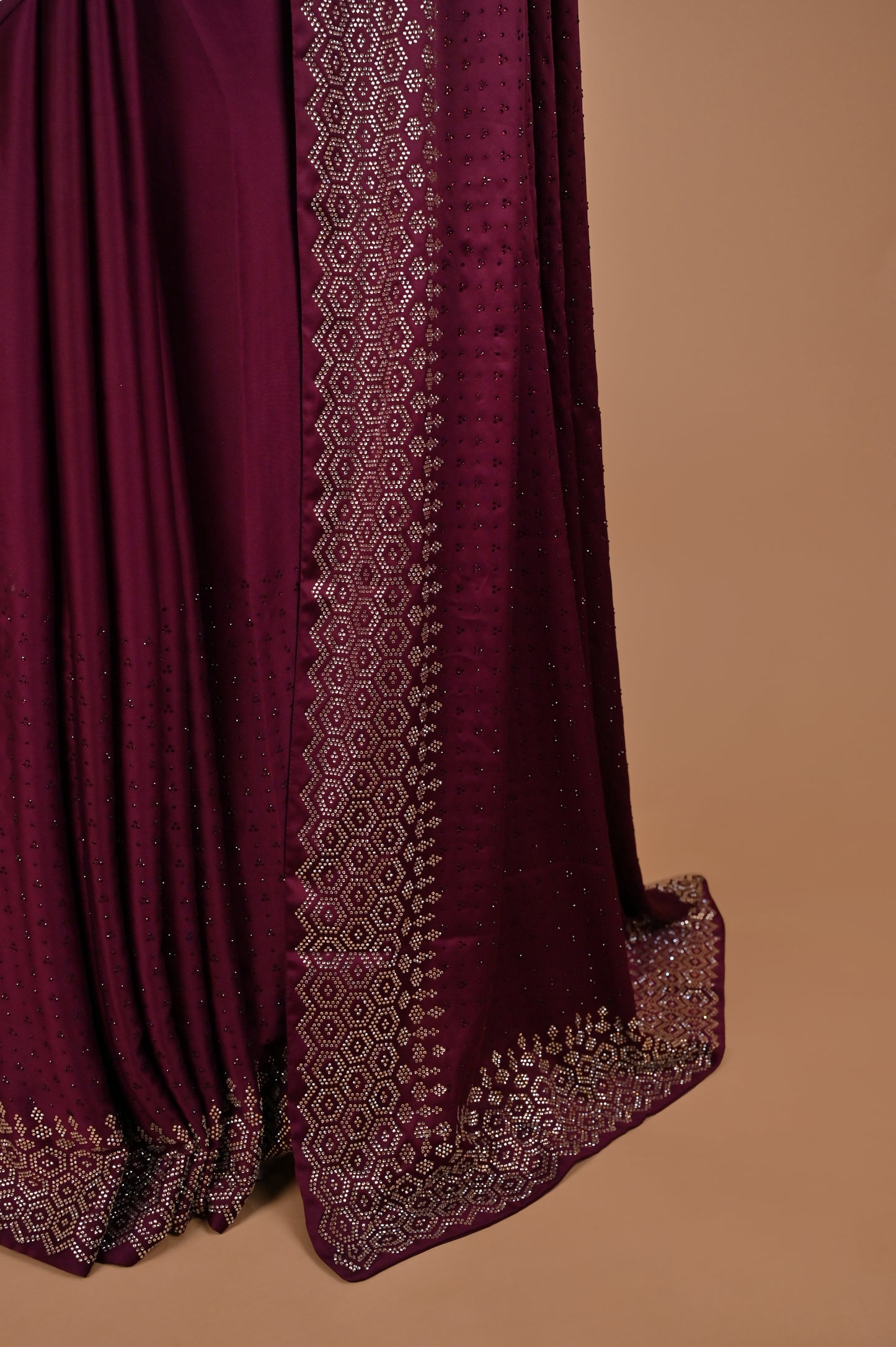 Wine Radiance Satin Saree with Swarovski Accents