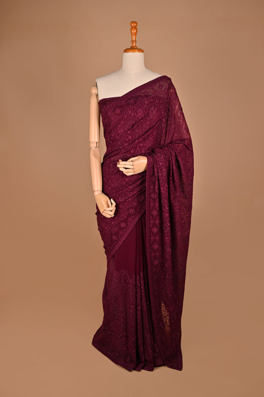 Wine Georgette Saree with Kashmiri Embroidery