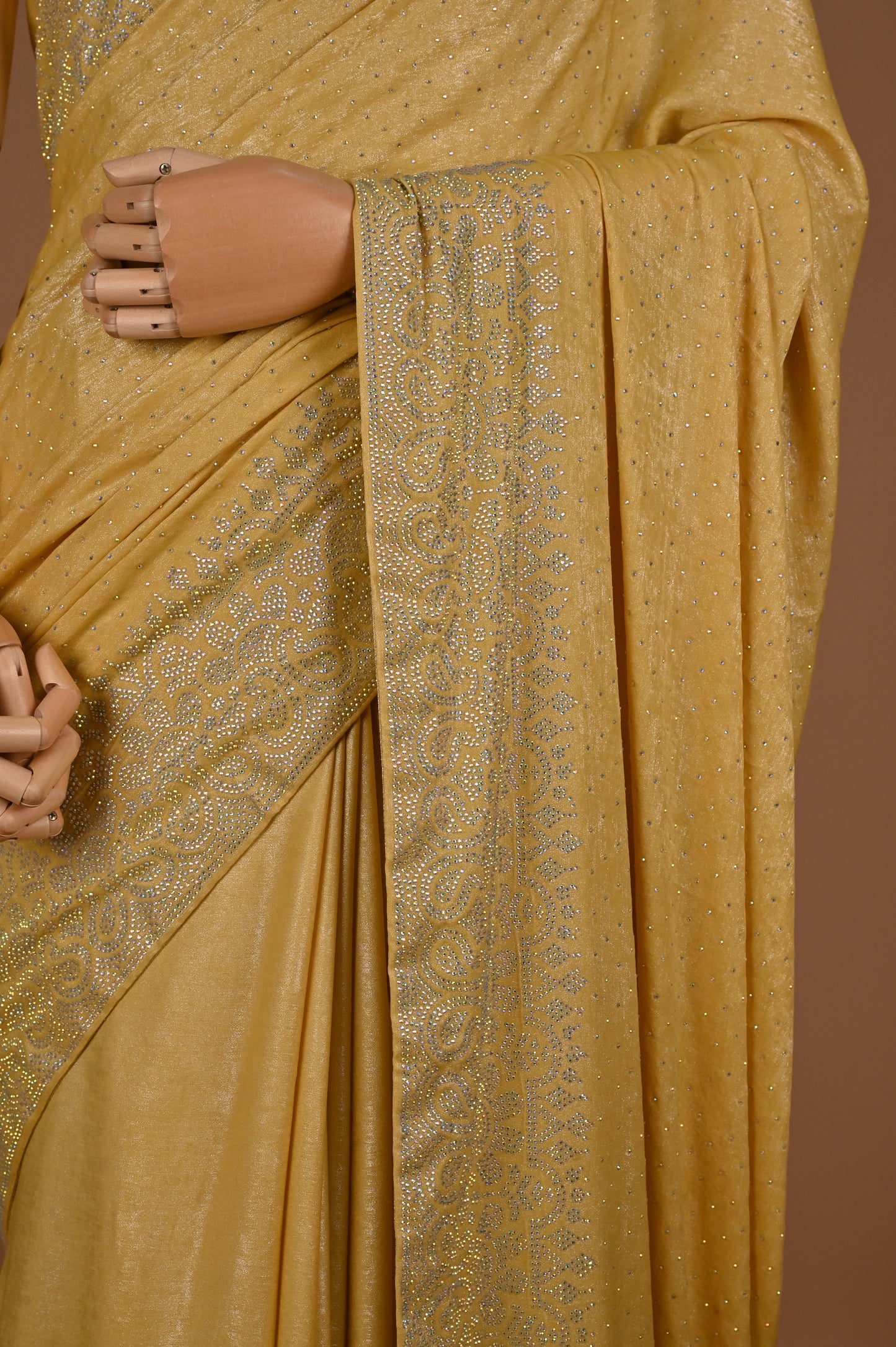 Lemon Yellow Shimmer Suede Satin Saree with Swarovski Highlights