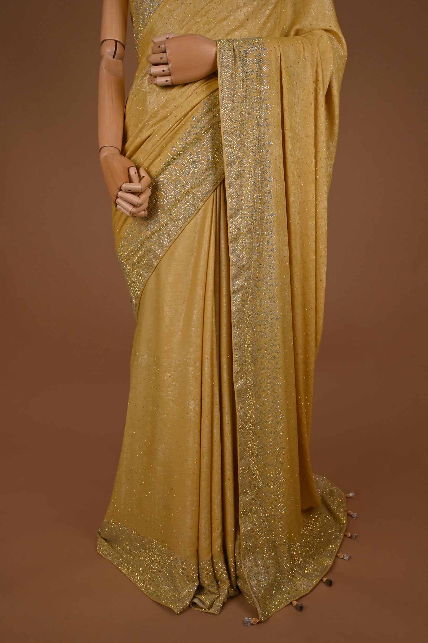 Lemon Yellow Shimmer Suede Satin Saree with Swarovski Highlights