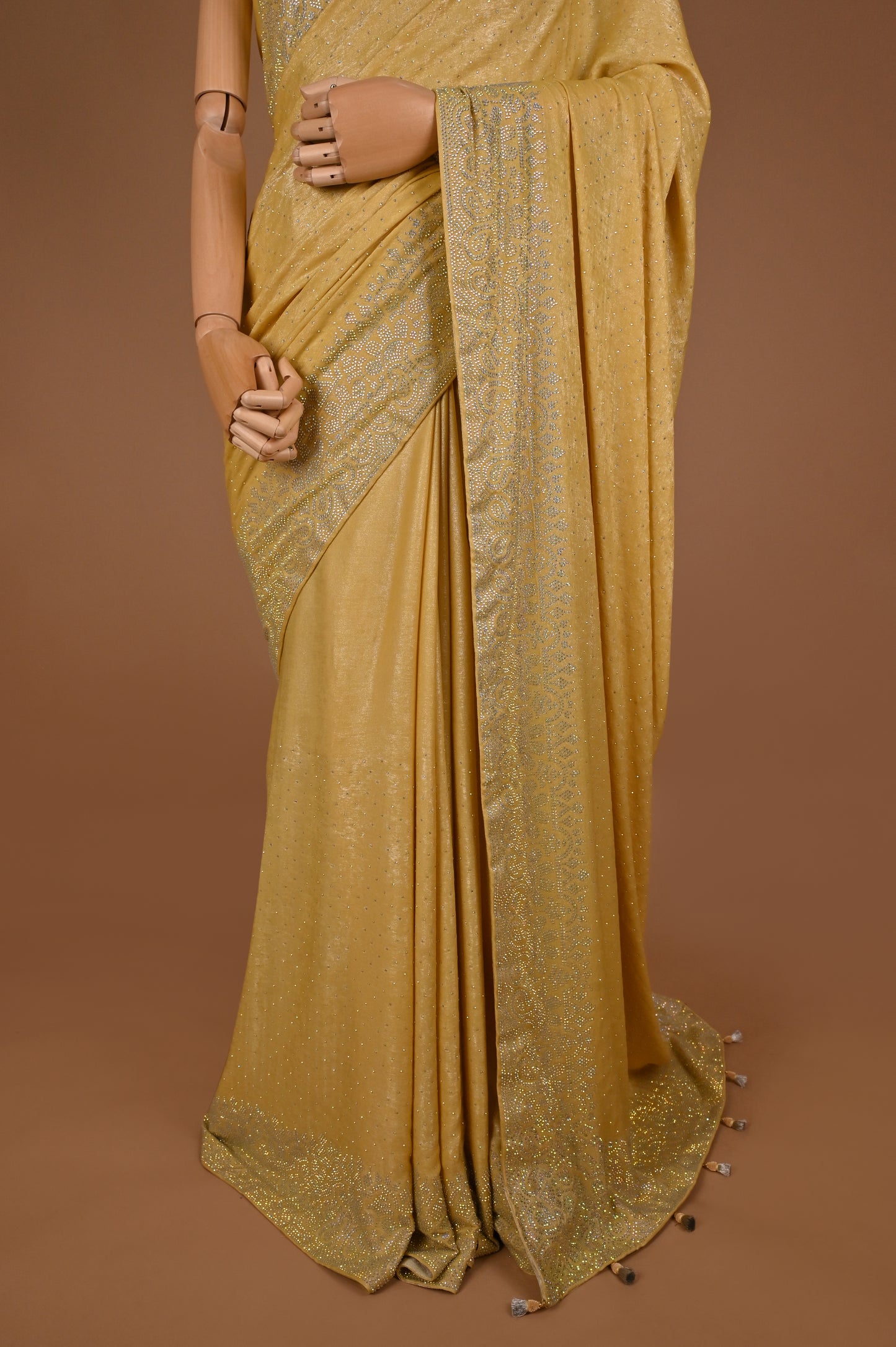 Lemon Yellow Shimmer Suede Satin Saree with Swarovski Highlights