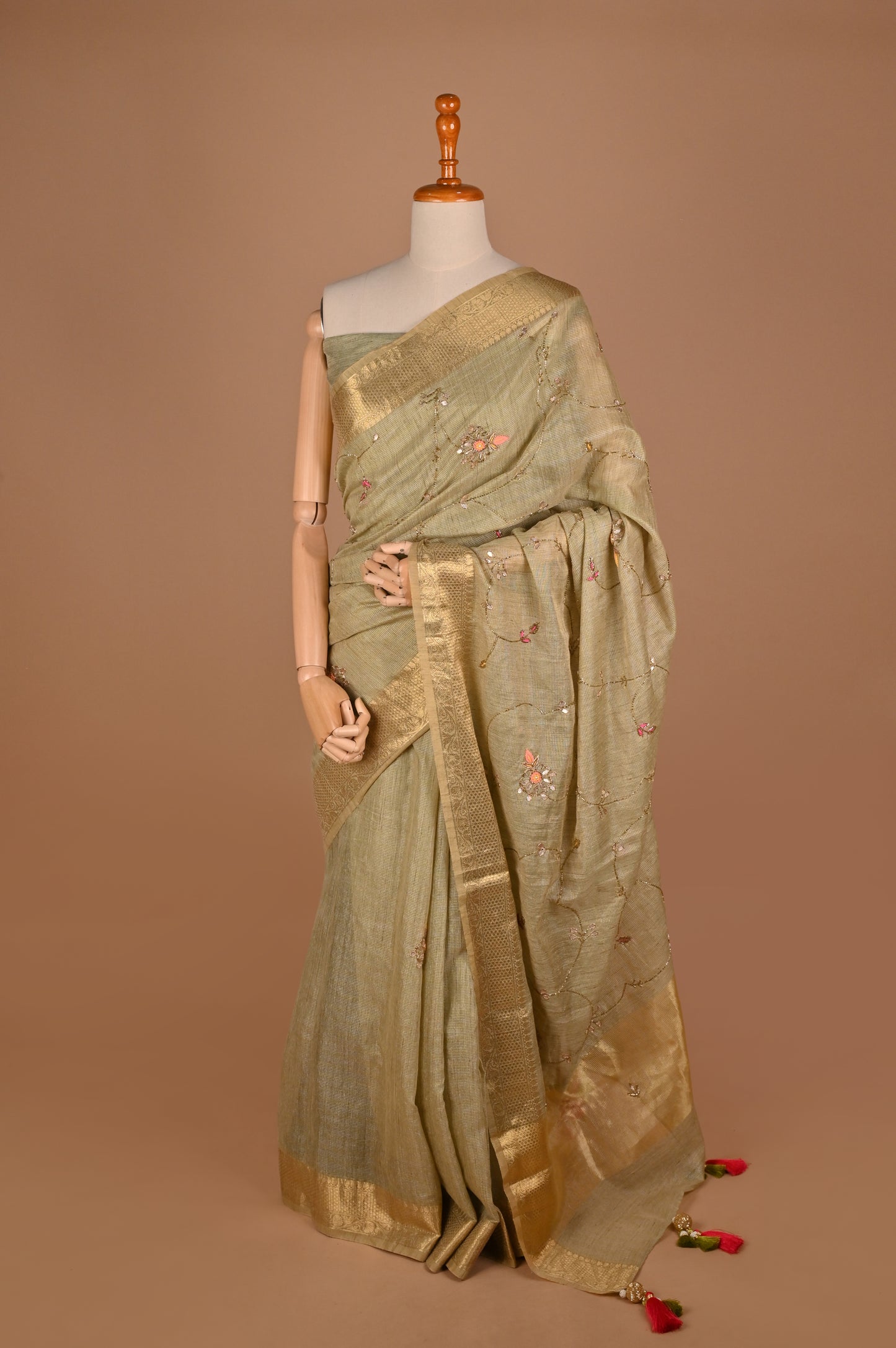 Pistachio Green Kota Cotton Silk Saree with Gota Patti