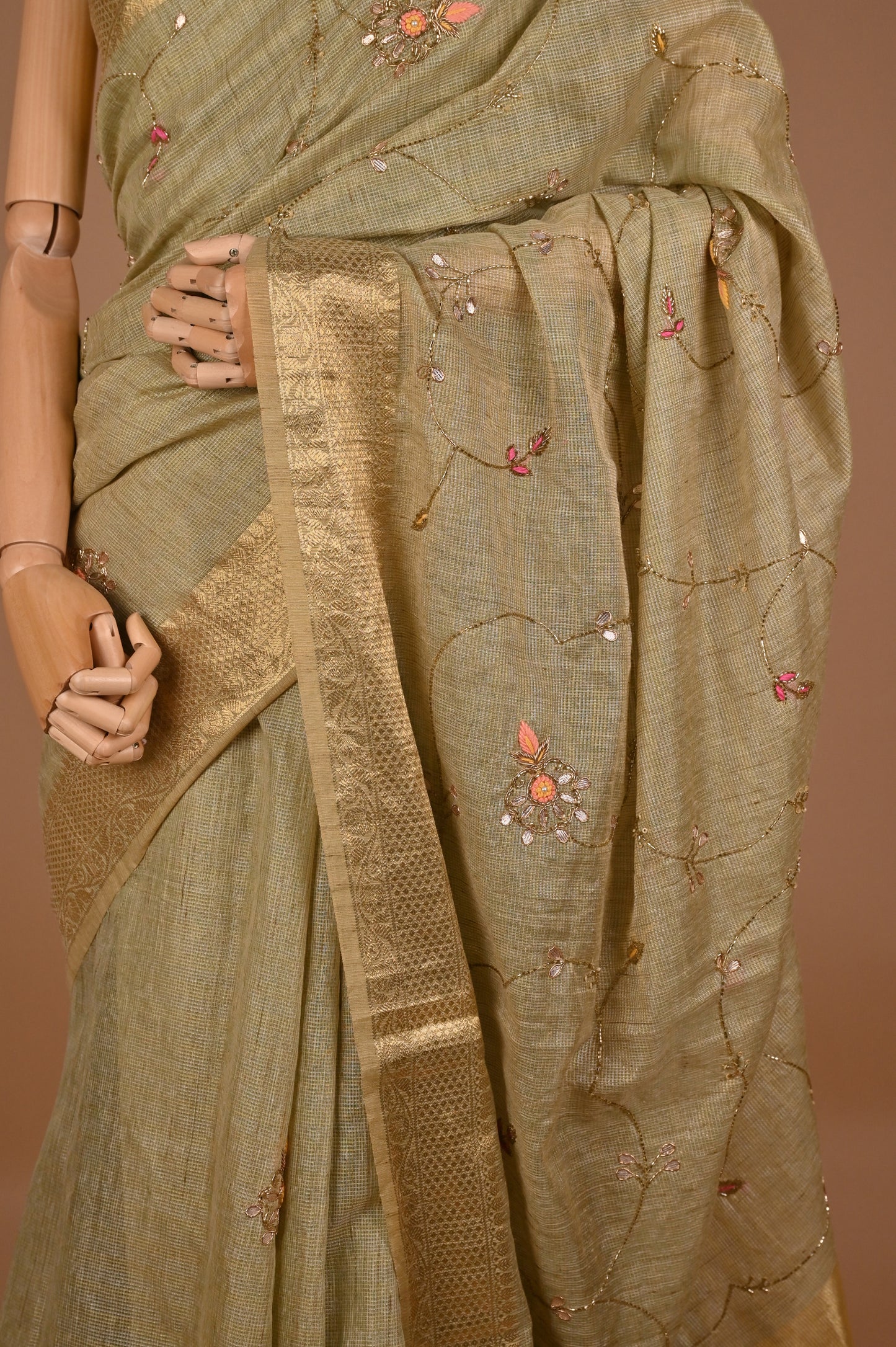 Pistachio Green Kota Cotton Silk Saree with Gota Patti