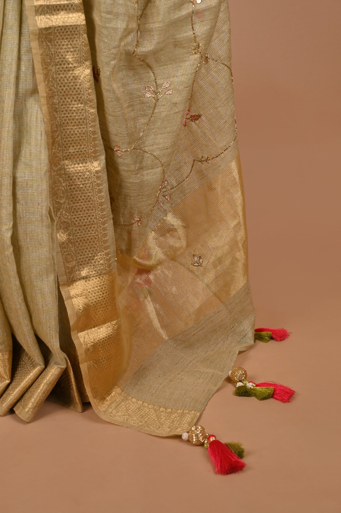 Pistachio Green Kota Cotton Silk Saree with Gota Patti