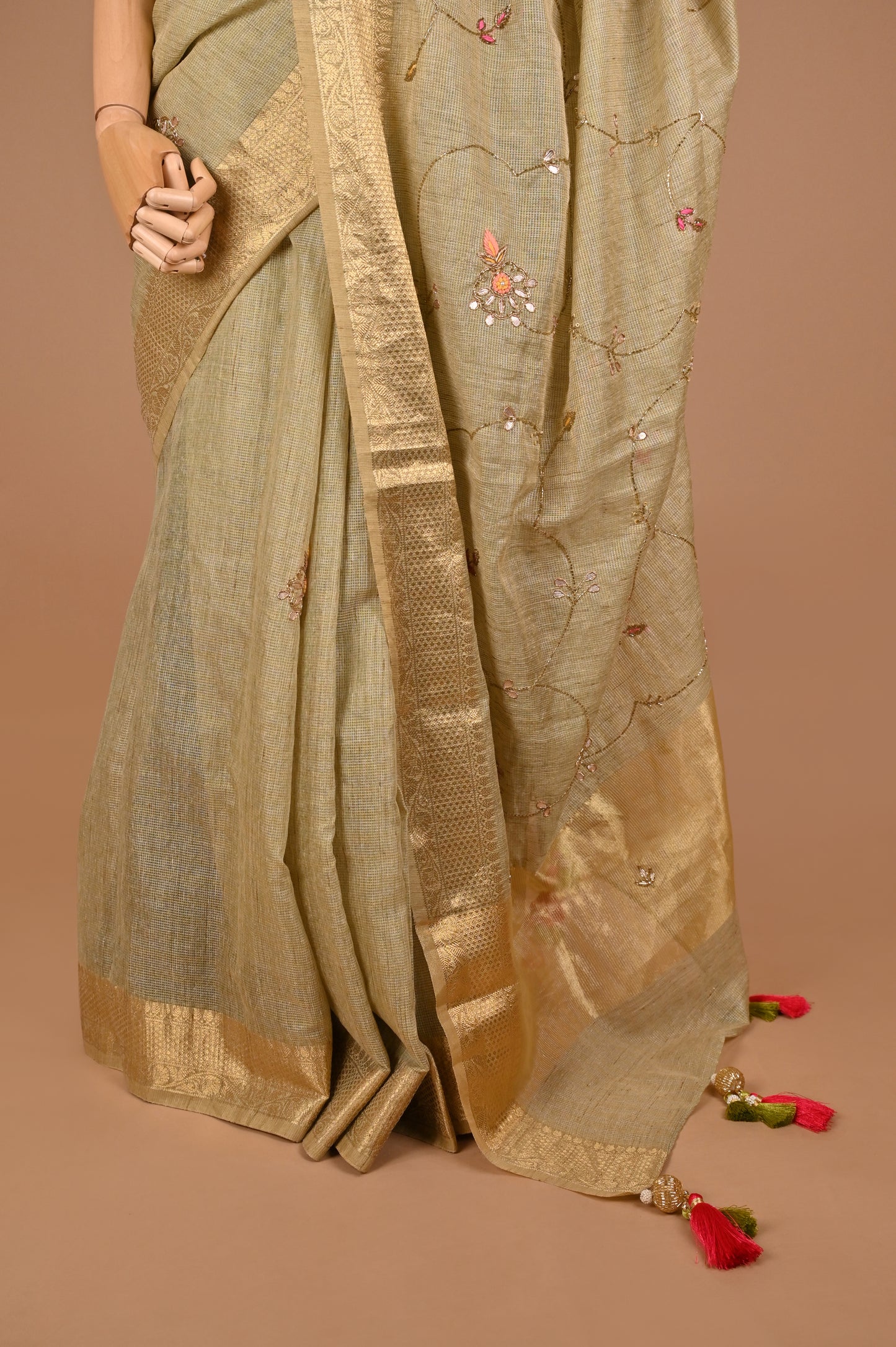 Pistachio Green Kota Cotton Silk Saree with Gota Patti